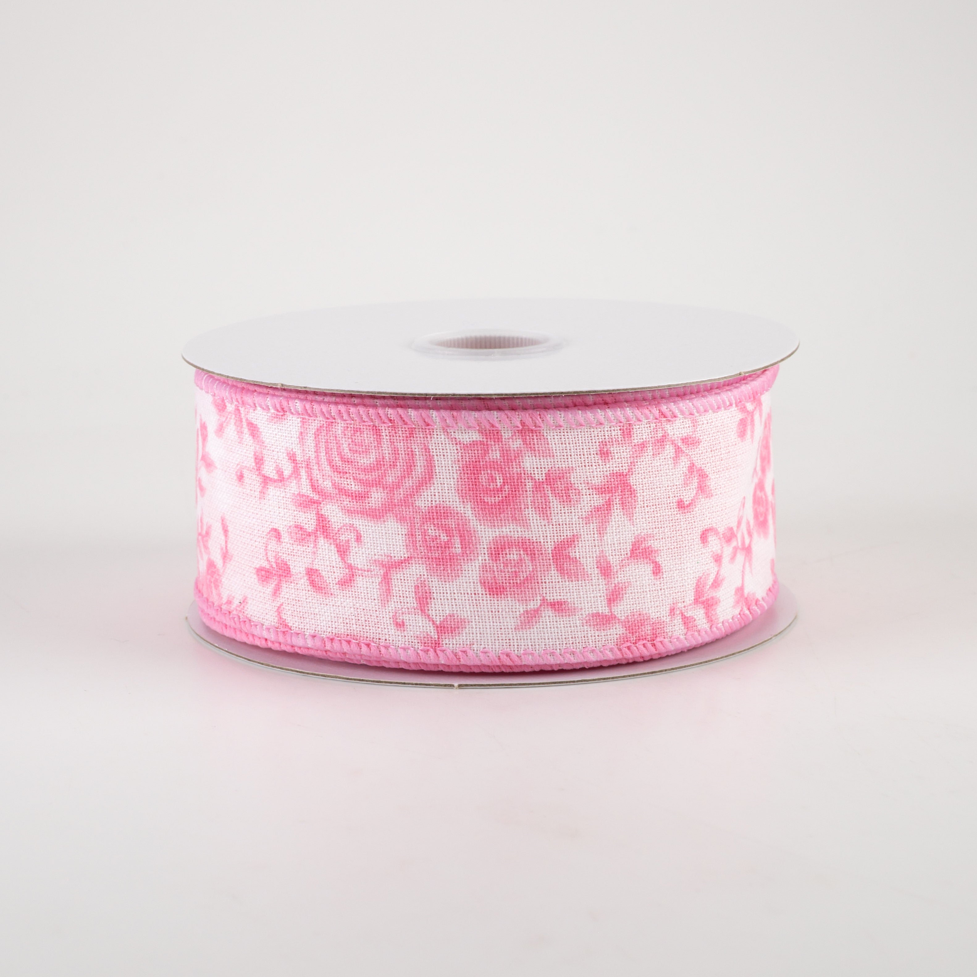 1.5" Ombre Roses on White Linen Ribbon: Pink (10 Yards)