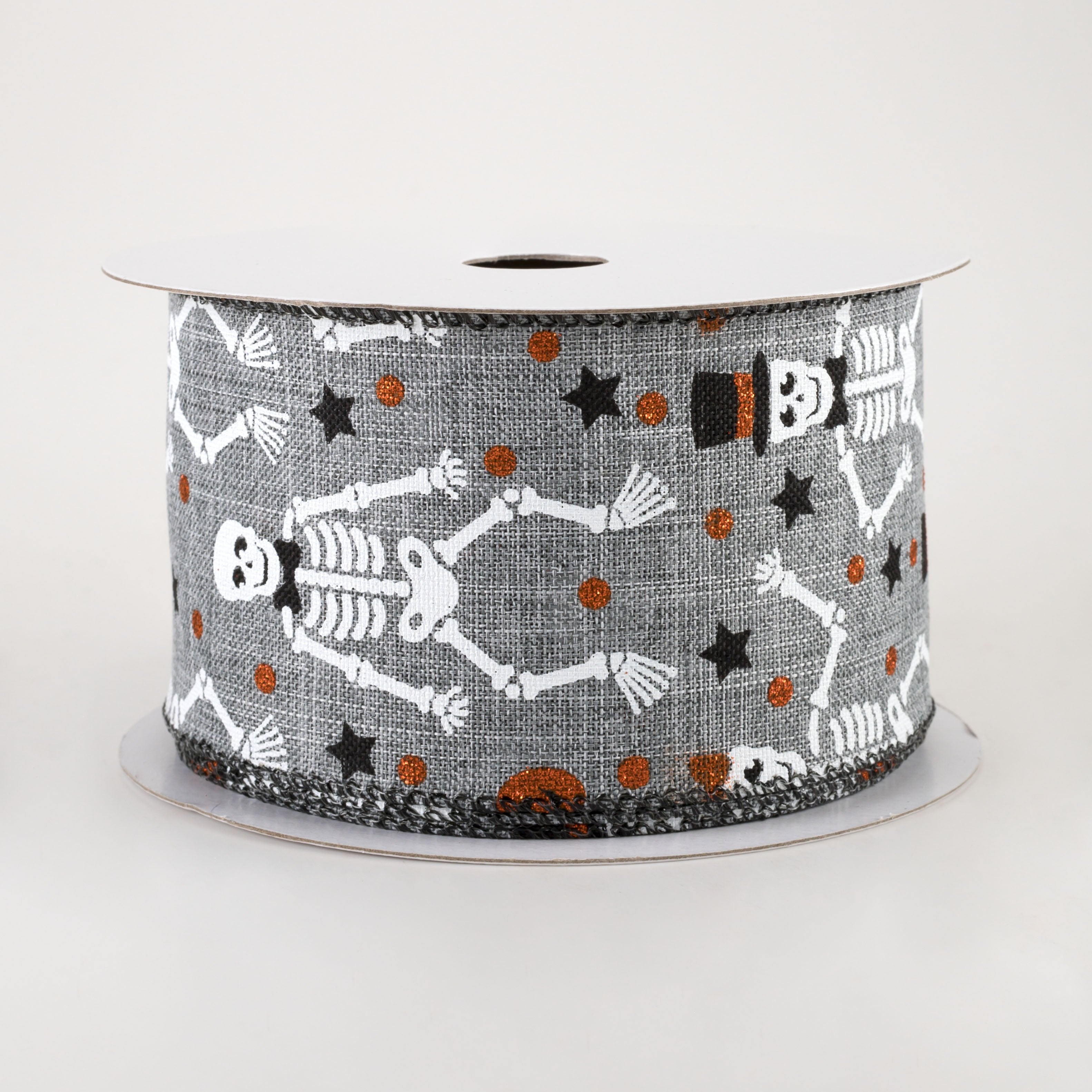 2.5" Orange Glitter Skeletons Ribbon: Grey (10 Yards)