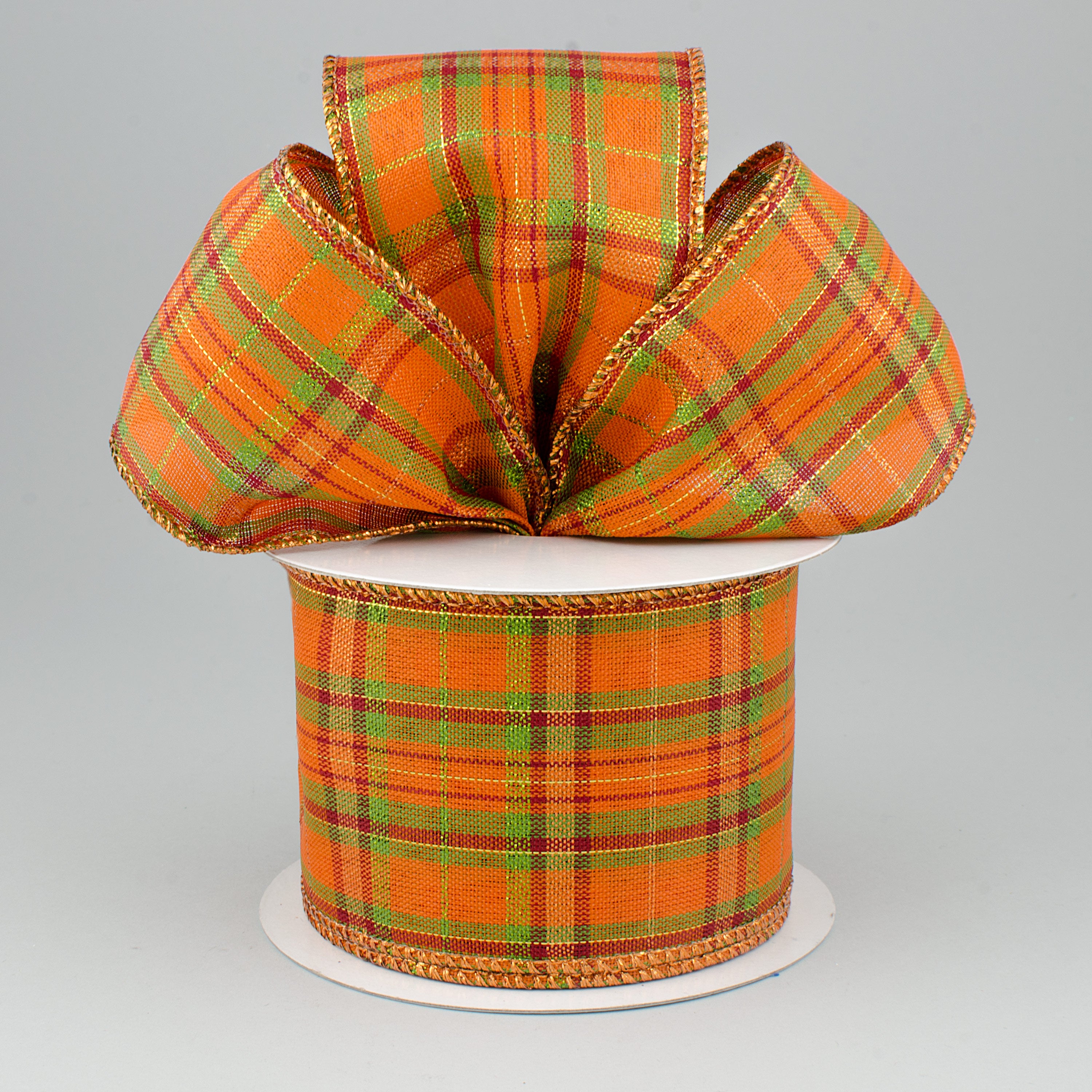 2.5" Orange Metallic Plaid Ribbon: Moss, Burgundy, Lime (10 Yards) Lifestyle Photo