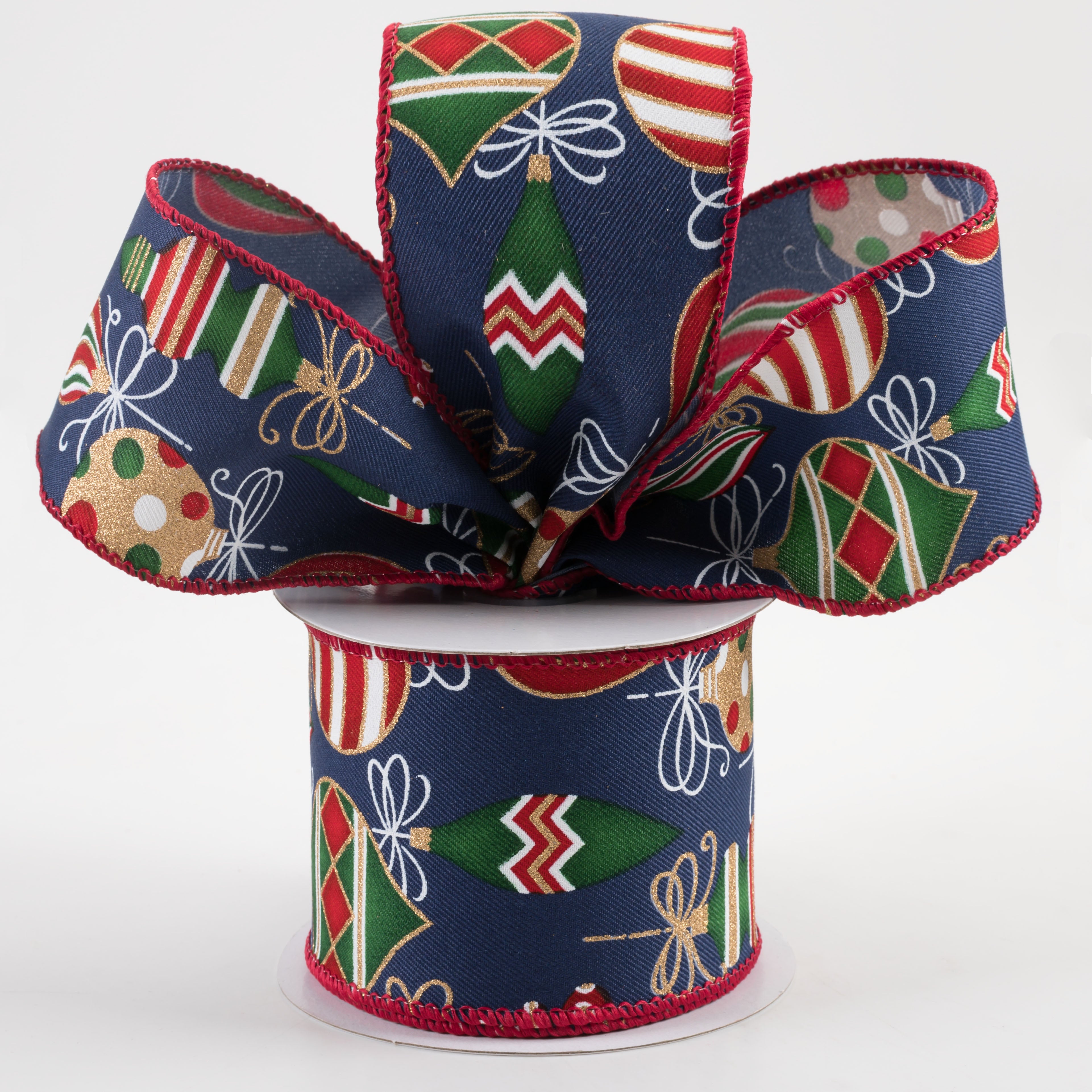 2.5" Ornaments Ribbon: Navy, Red, Green, Gold (10 Yards) Lifestyle Photo