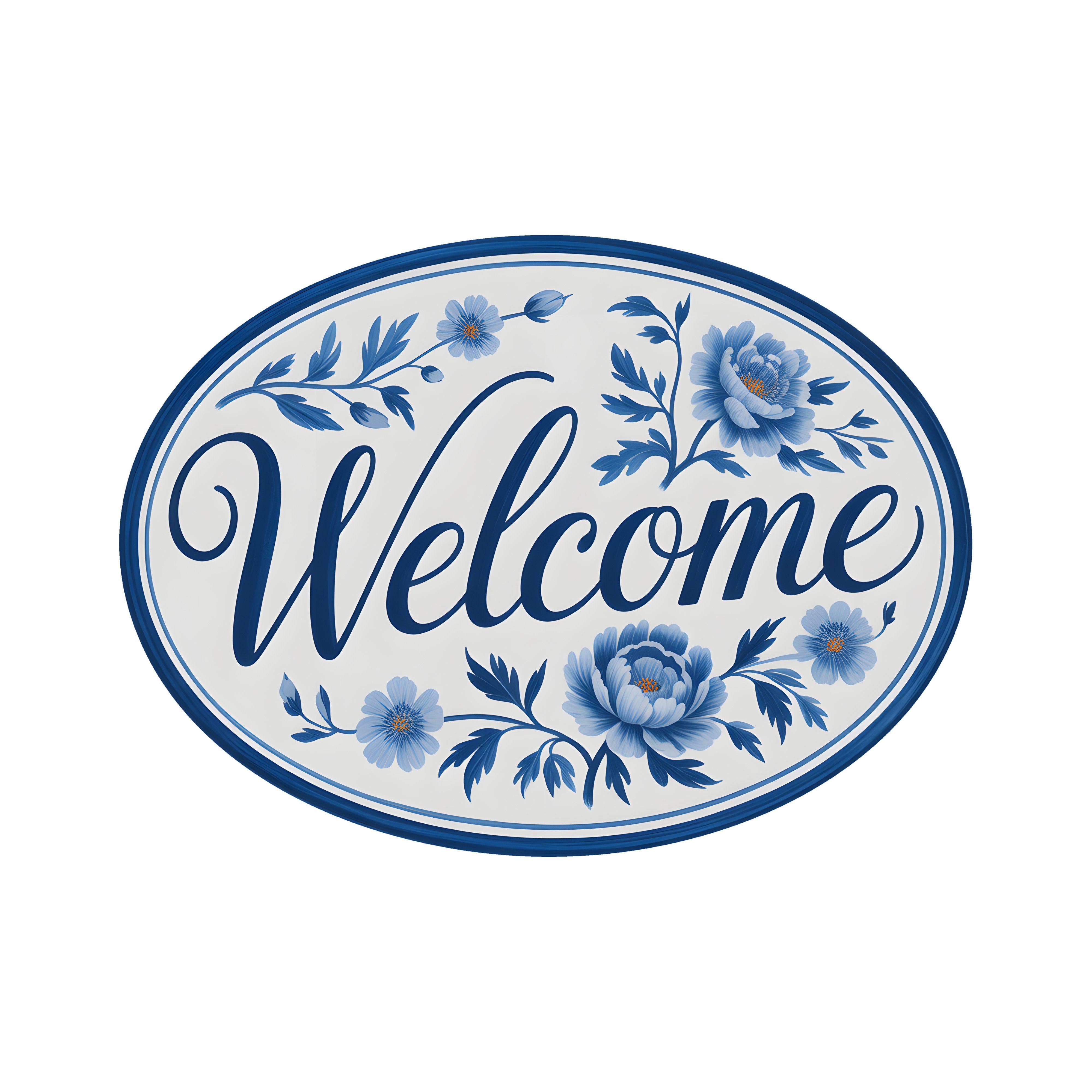 9" Oval Waterproof Sign: Blue & White Chinoiserie Floral Welcome Item Number: CD1232NH-090