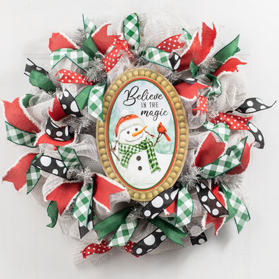 13" Oval Wooden Sign: Bead Edge Believe Magic Cardinal Snowman Lifestyle Photo