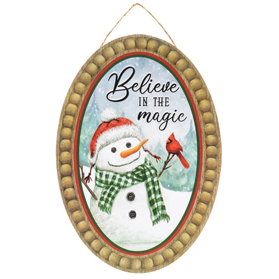 13" Oval Wooden Sign: Bead Edge Believe Magic Cardinal Snowman Item Number: AP7302