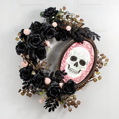 13" Oval Wooden Sign: Light Pink Framed Skull Lifestyle Photo