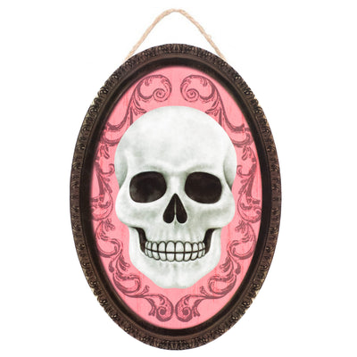13" Oval Wooden Sign: Light Pink Framed Skull Item Number: AP729715