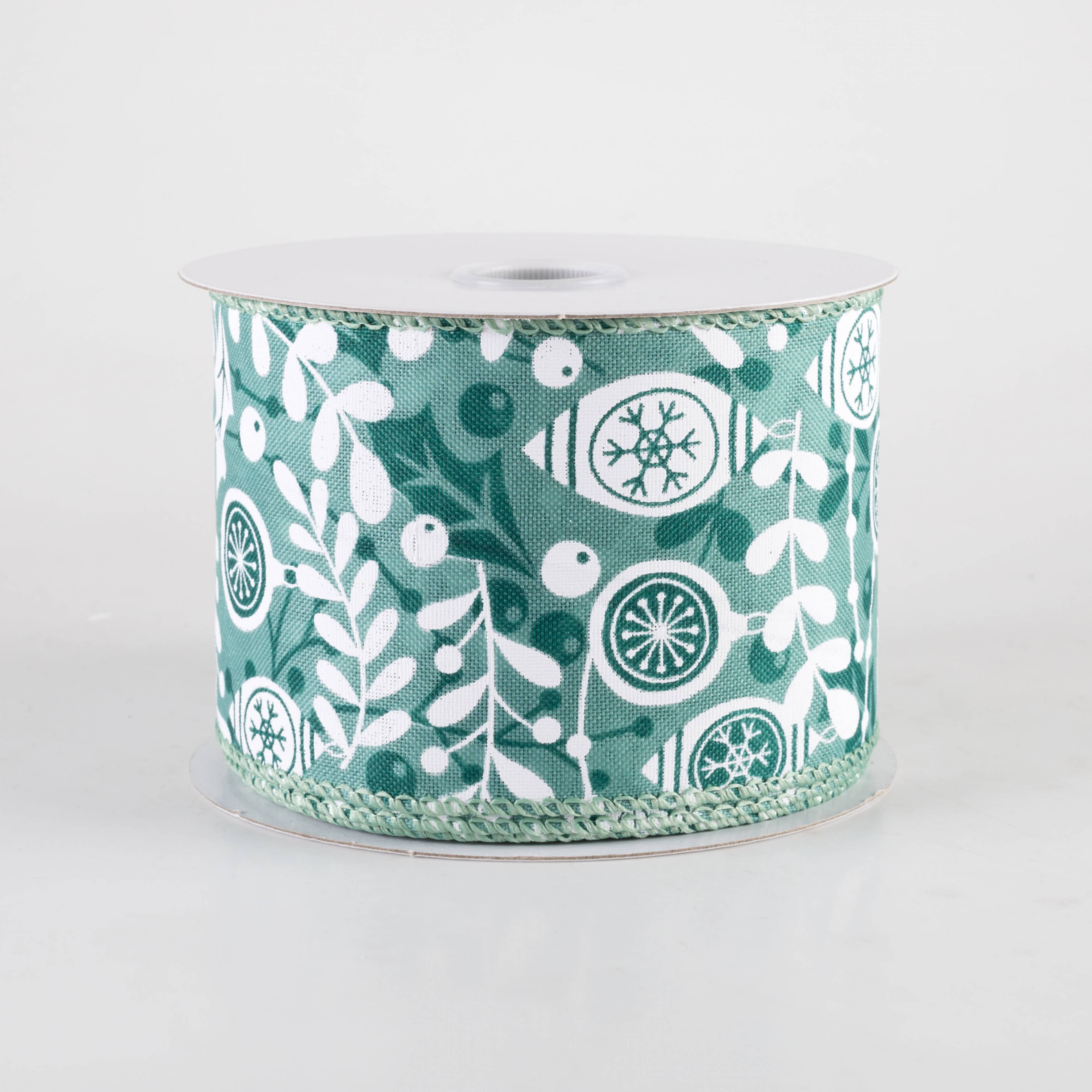 2.5" Overlay Leaves Ornaments Ribbon: Mint, Hunter Green & White (10 Yards) Item Number: 71493-40-29
