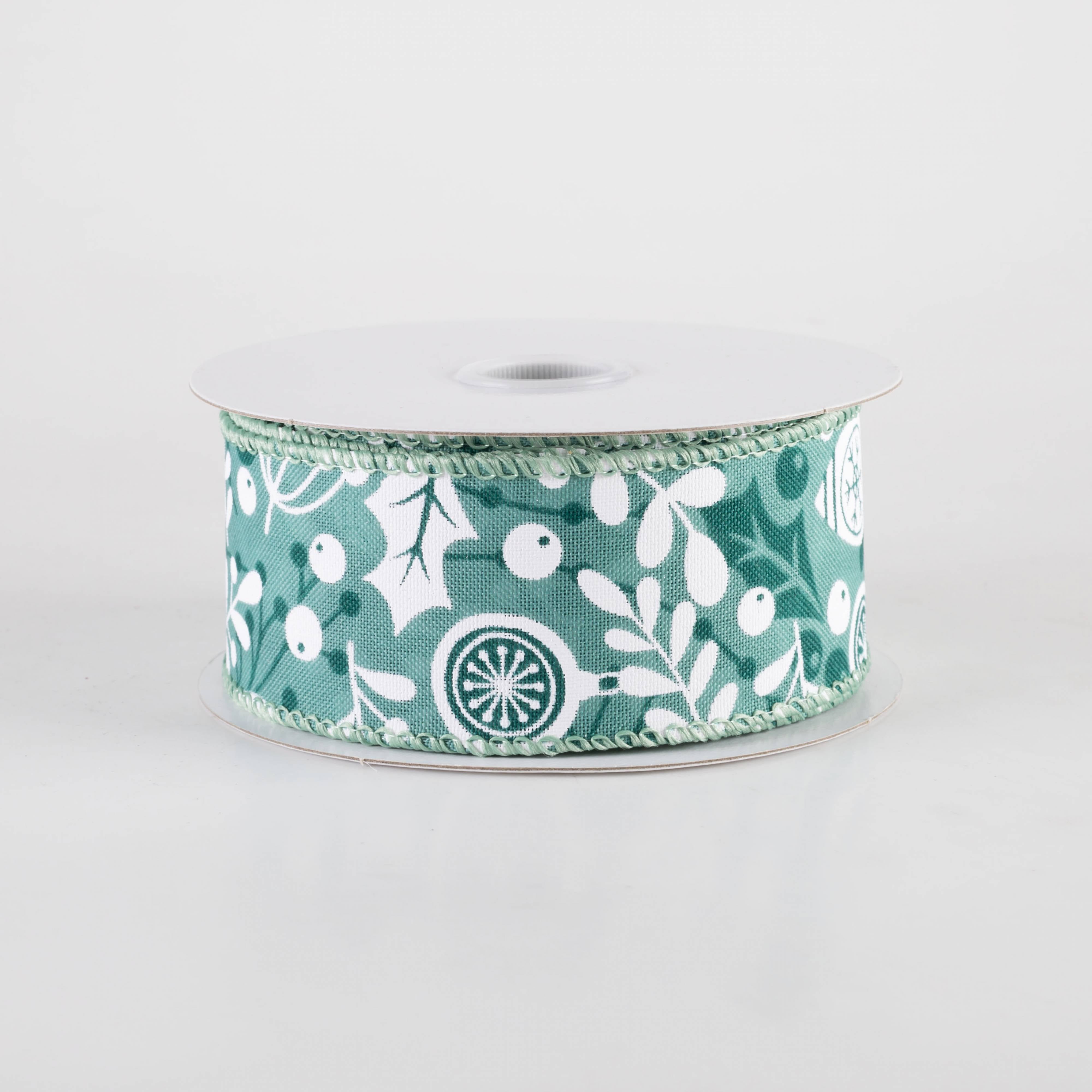 1.5" Overlay Leaves Ornaments Ribbon: Mint, Hunter Green & White (10 Yards) Item Number: 71493-09-29