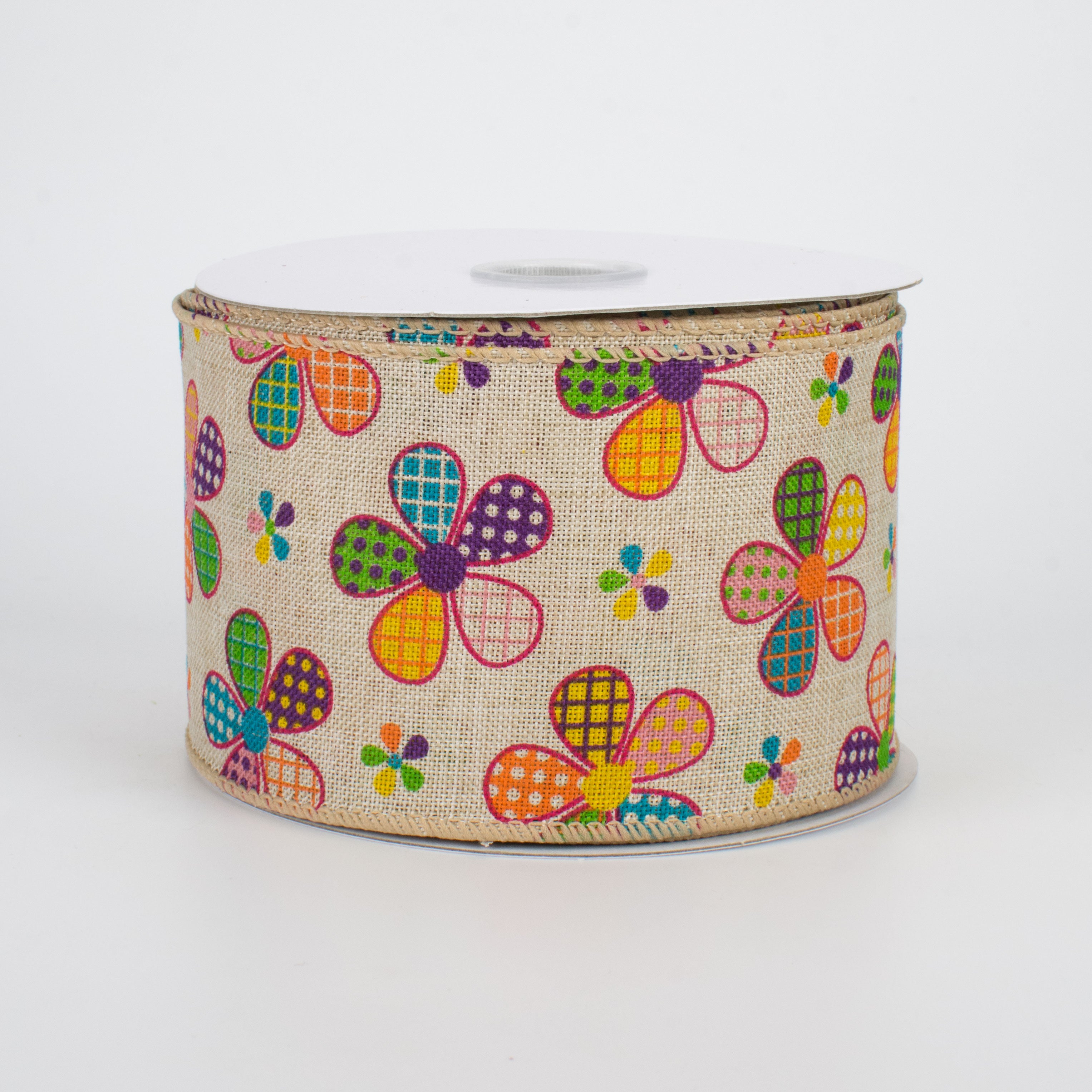 2.5" Patchwork Flowers Ribbon: Natural (10 Yards)