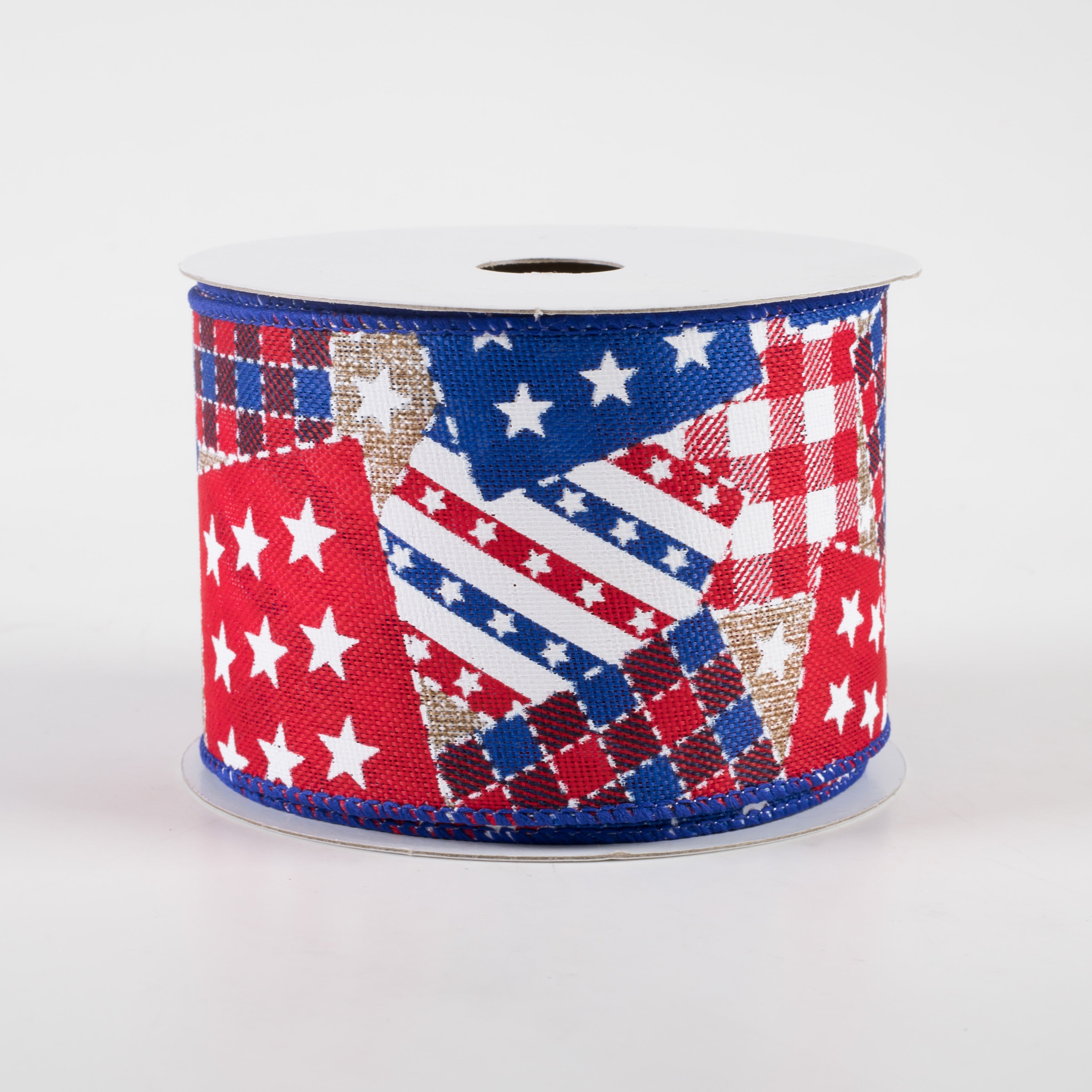 2.5" Patriotic Patches Linen Ribbon: Natural, Red, Blue (10 Yards)