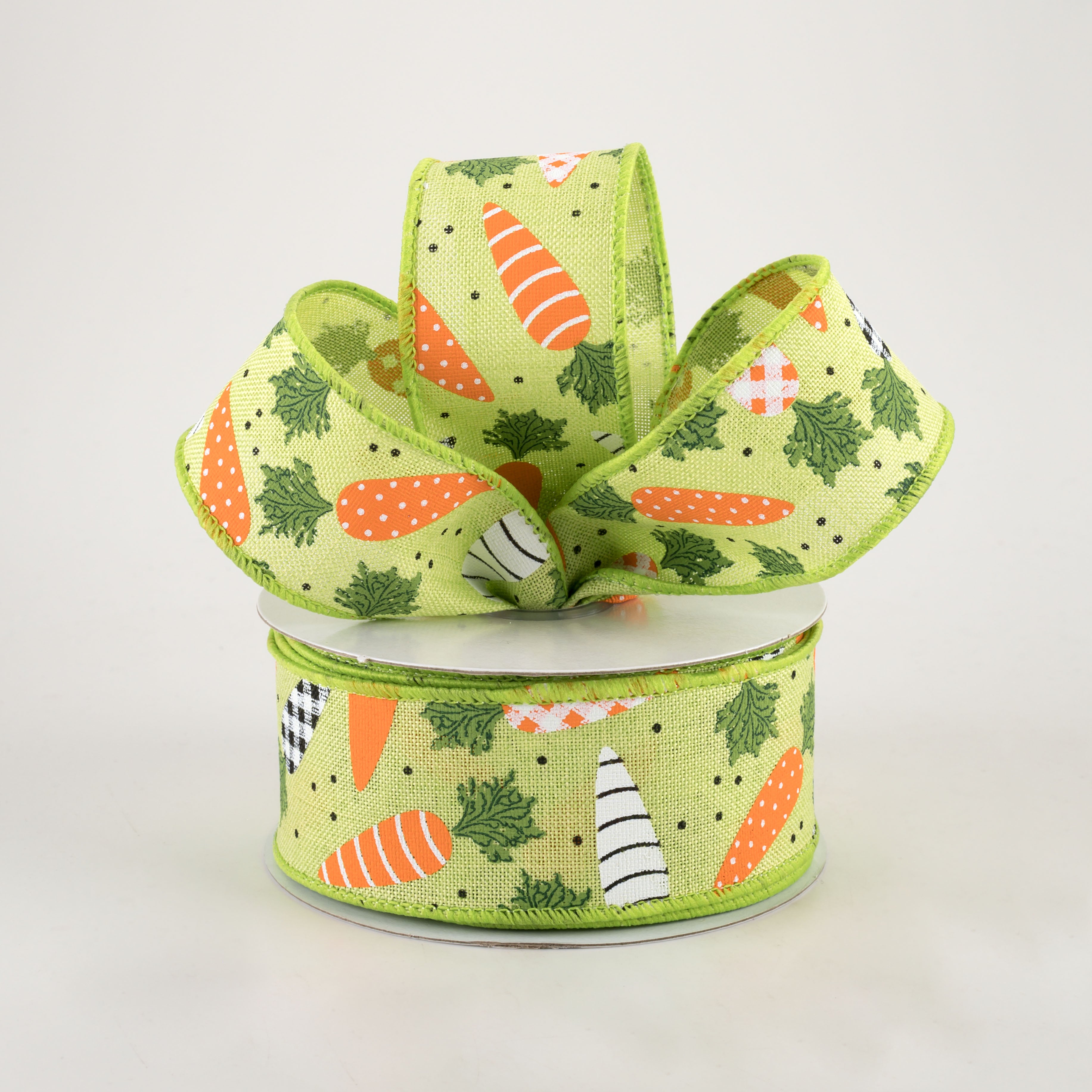 1.5" Patterned Carrots Ribbon: Bright Green Royal (10 Yards) Lifestyle Photo