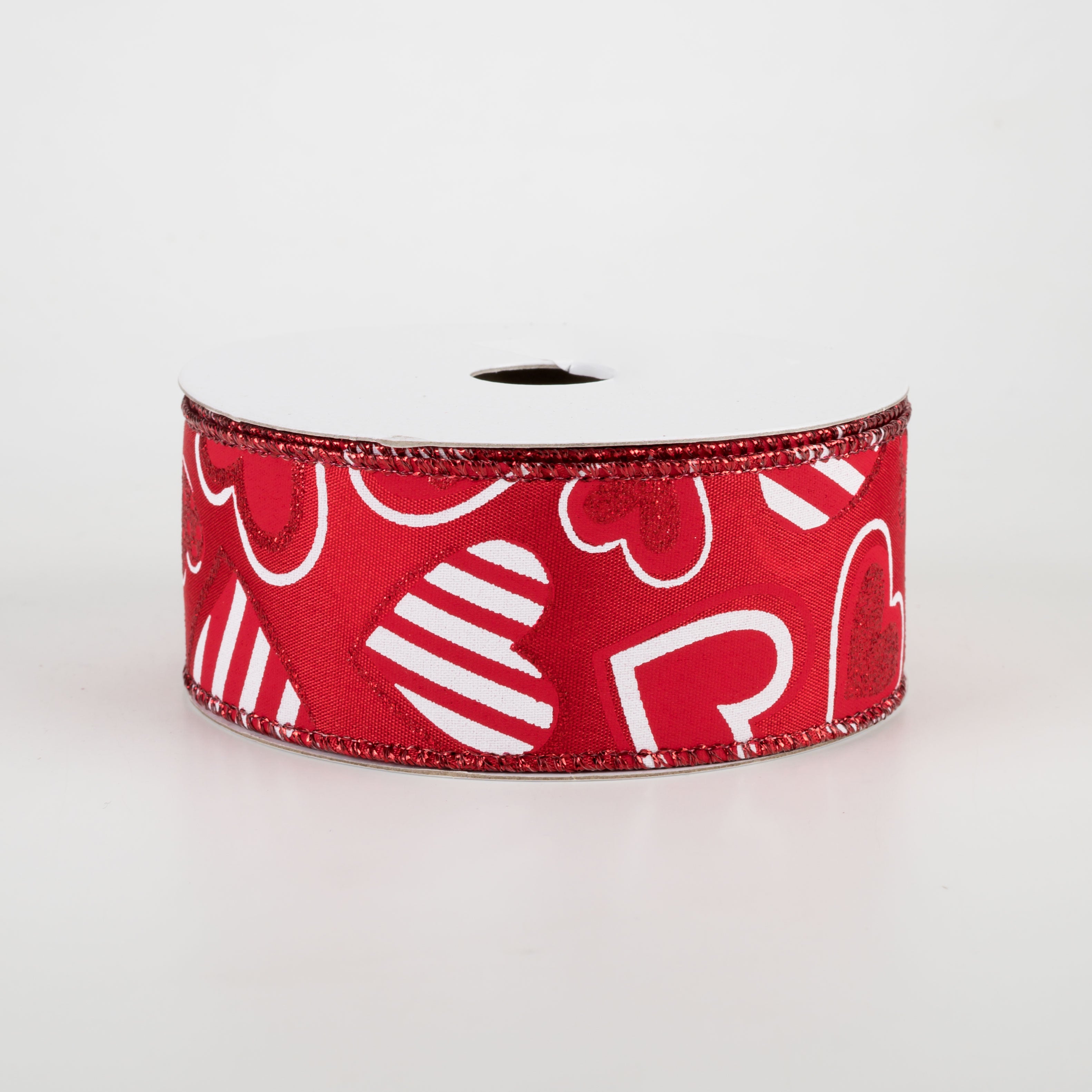 1.5" Patterned Hearts Ribbon: Red & White (10 Yards)