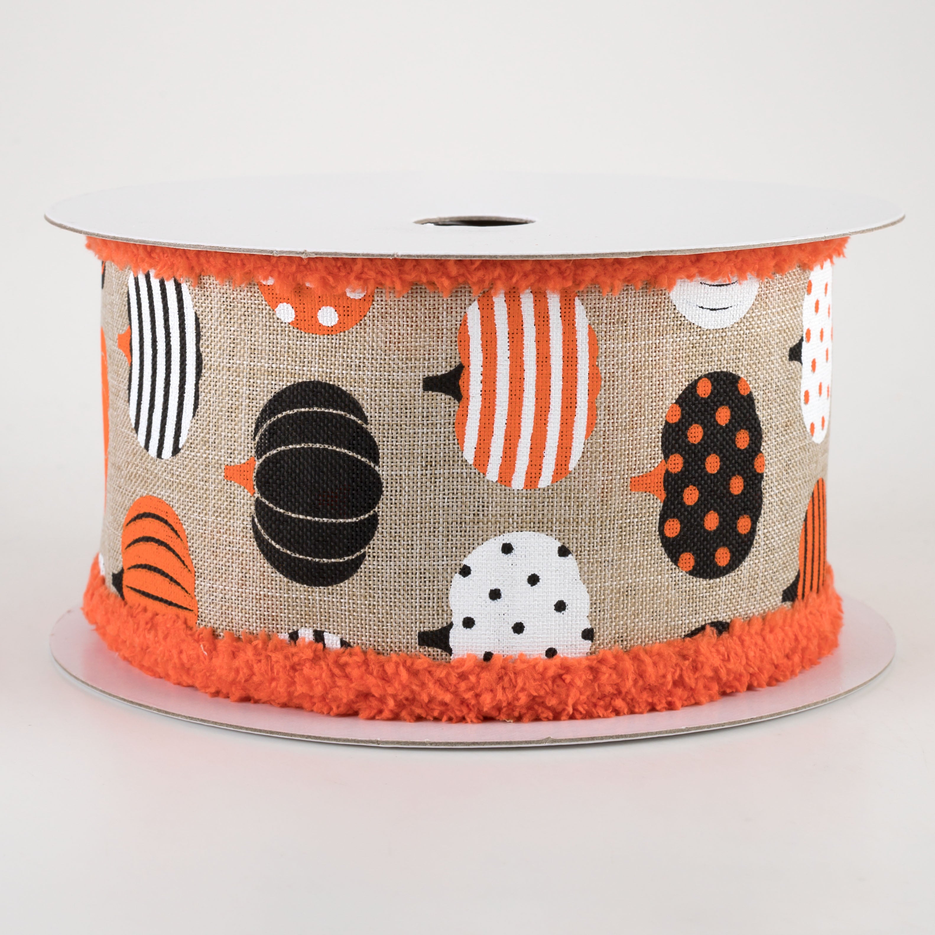 2.5" Patterned Pumpkins Fuzzy Edge Ribbon: Natural (10 Yards)
