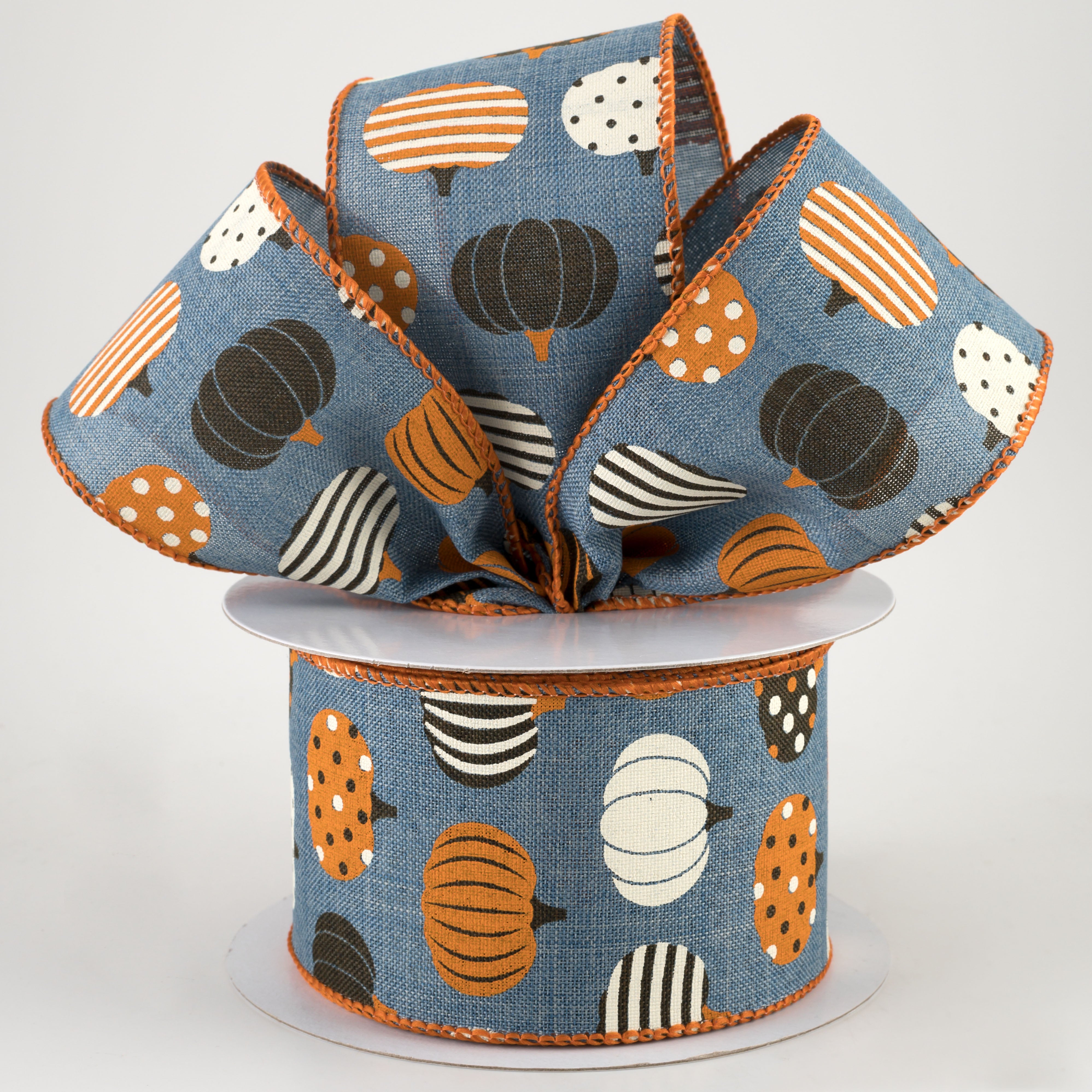 2.5" Patterned Pumpkins Ribbon: Denim (10 Yards) Lifestyle Photo