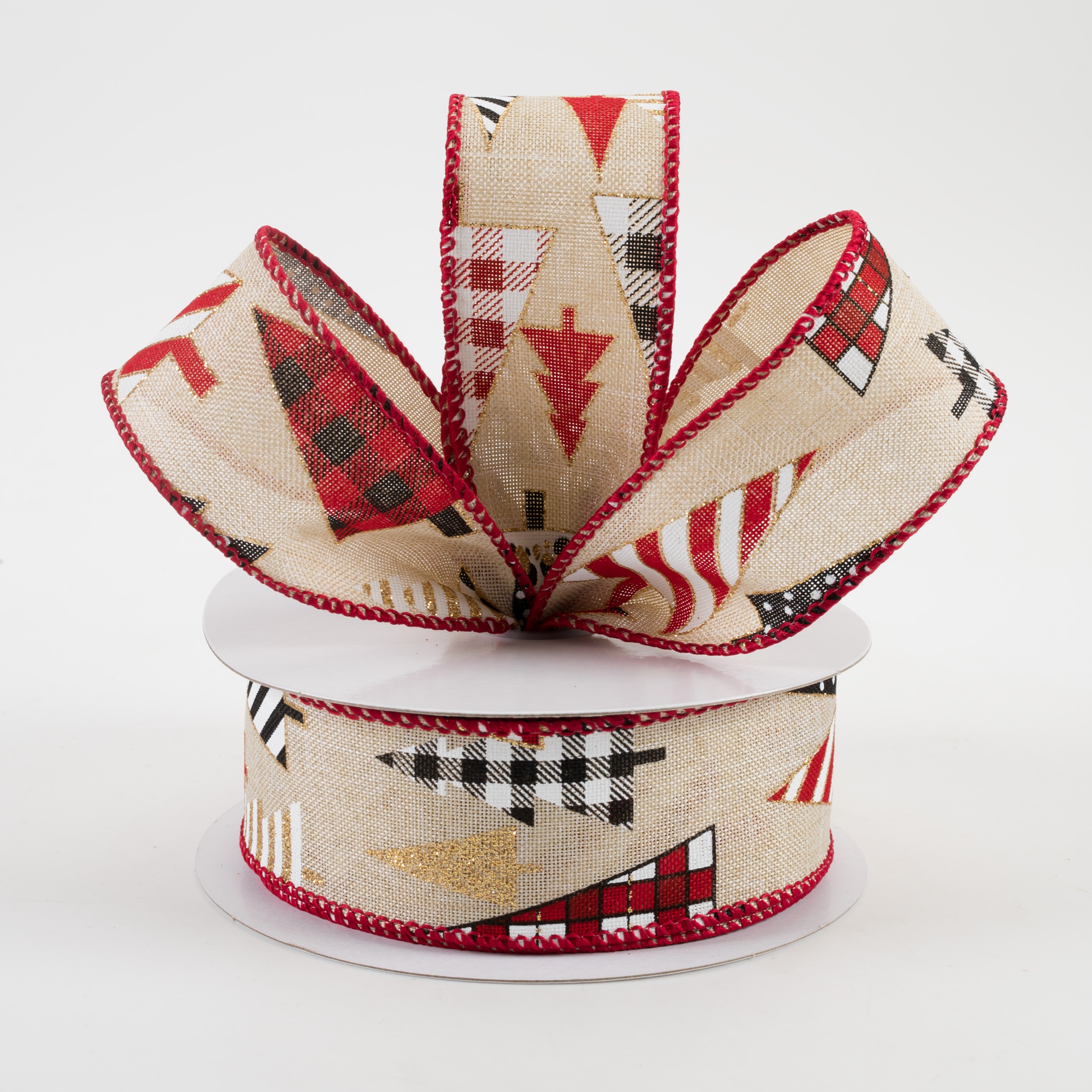 1.5" Patterned Trees Linen Ribbon: Natural, Red, Black, White, Gold (10 Yards) Lifestyle Photo