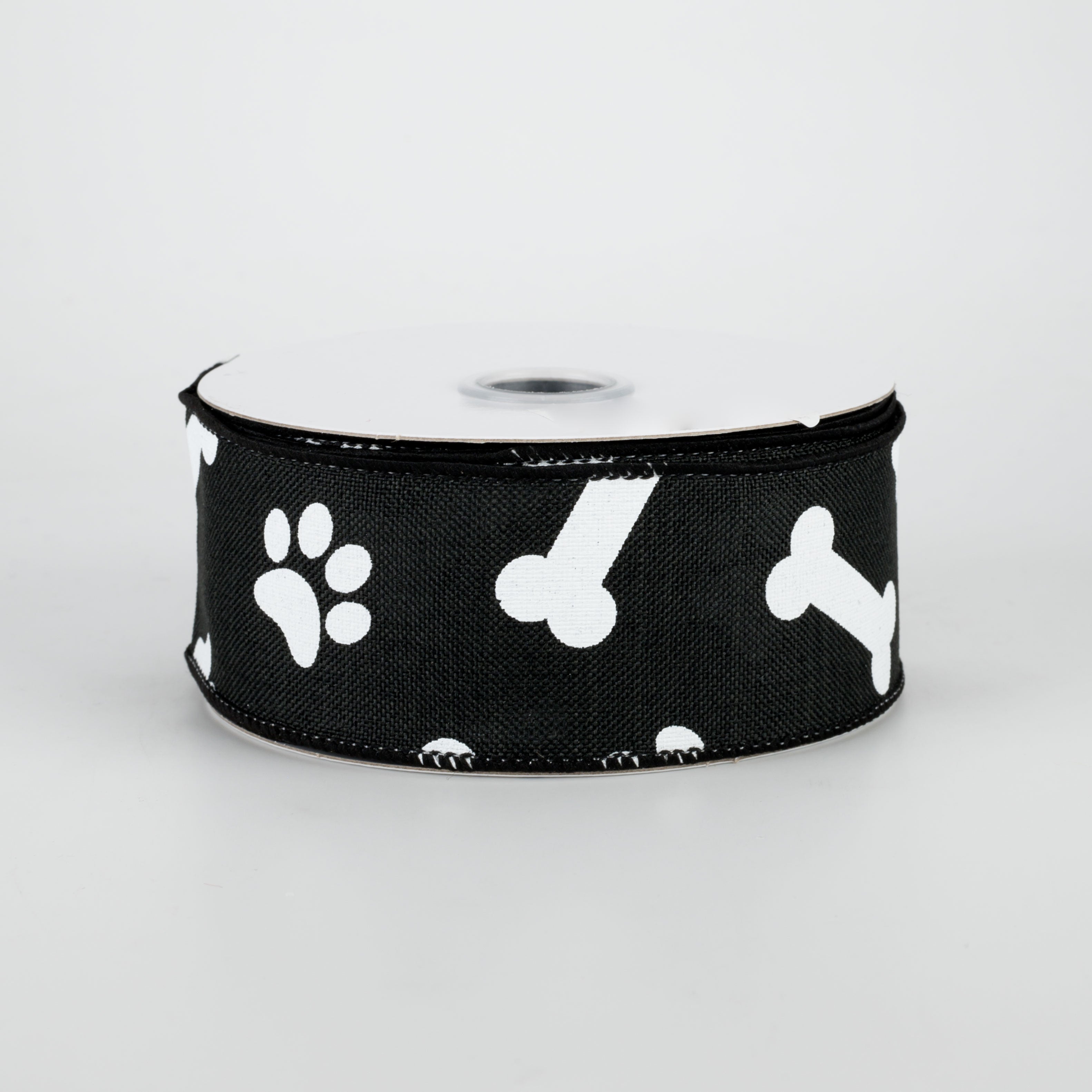 1.5" Paw Print & Bones Ribbon: Black & White (10 Yards)