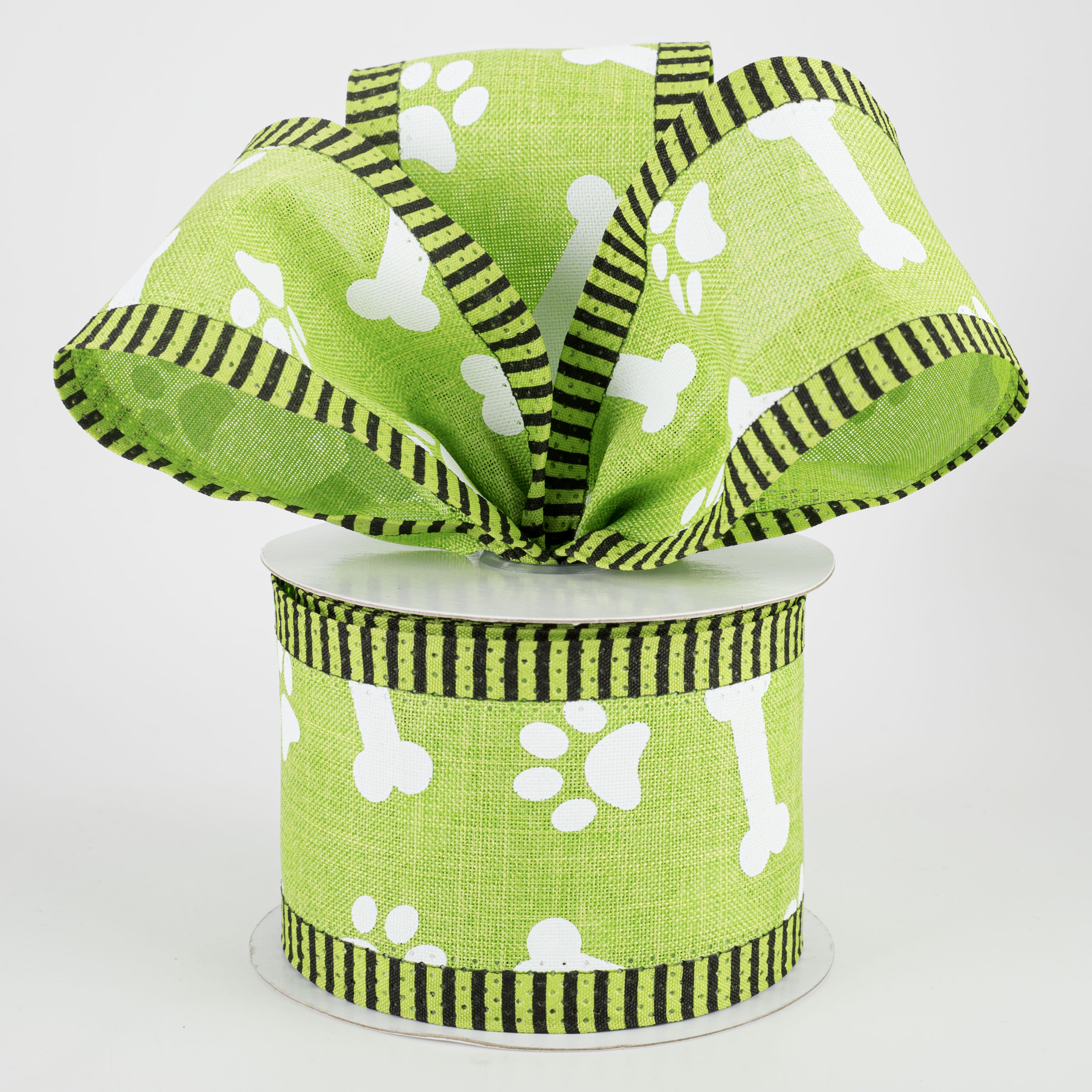 2.5" Paw Print, Bones, Thin Stripe Edge Ribbon: Lime (10 Yards) Lifestyle Photo