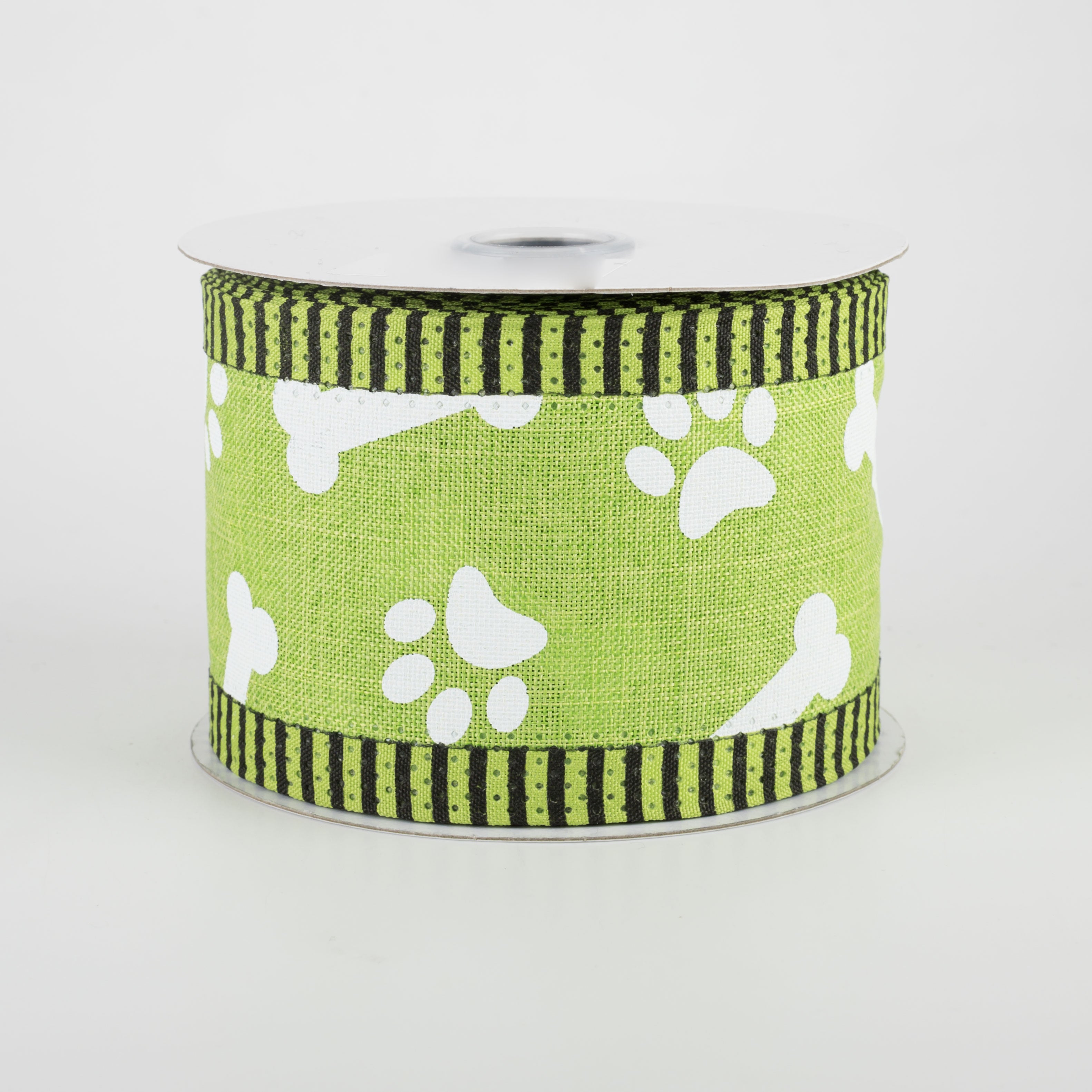2.5" Paw Print, Bones, Thin Stripe Edge Ribbon: Lime (10 Yards)