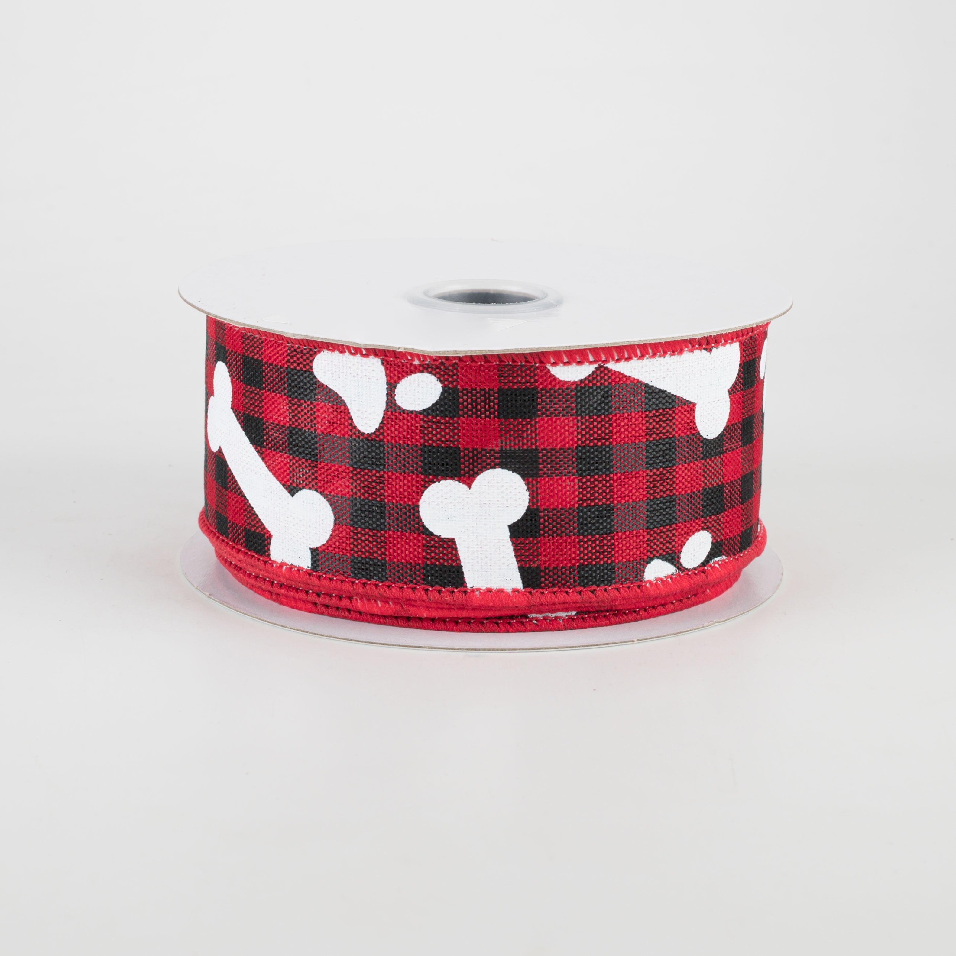 1.5" Paw Prints & Dog Bones Gingham Check Ribbon: Black & Red (10 Yards)