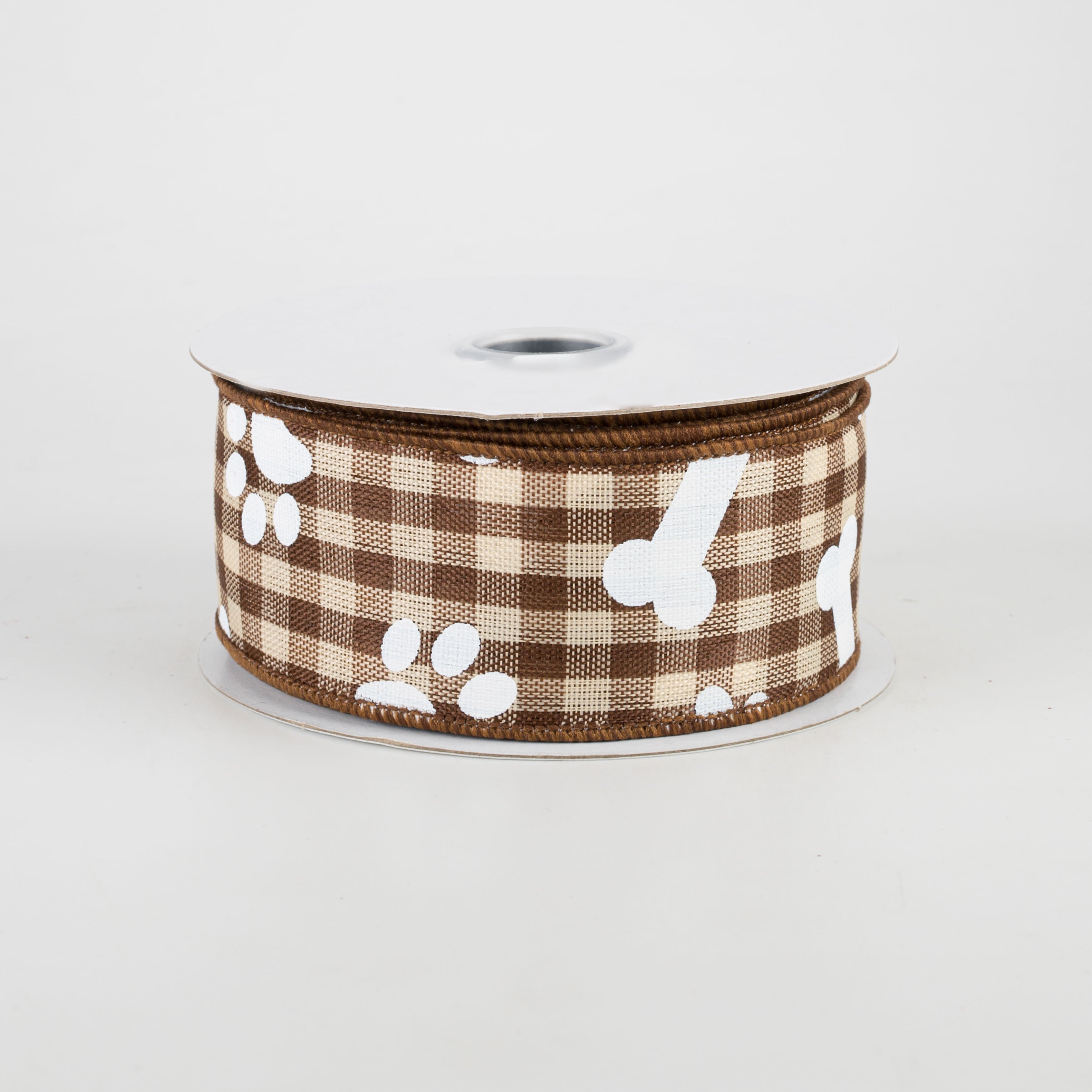 1.5" Paw Prints & Dog Bones Gingham Check Ribbon: Brown & Cream (10 Yards)