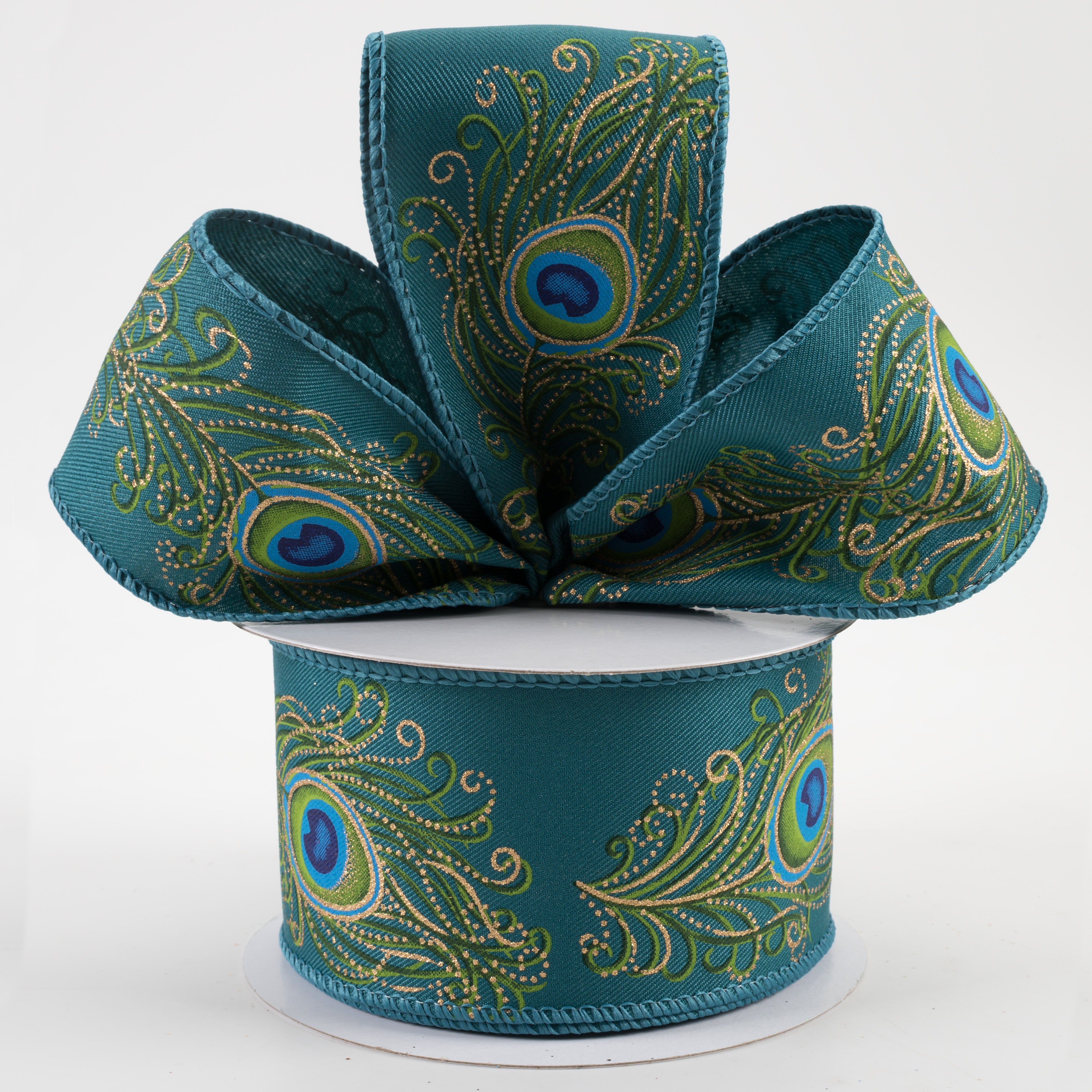 2.5" Peacock Feather Ribbon: Dark Teal, Green, Blue, Gold (10 Yards) Lifestyle Photo