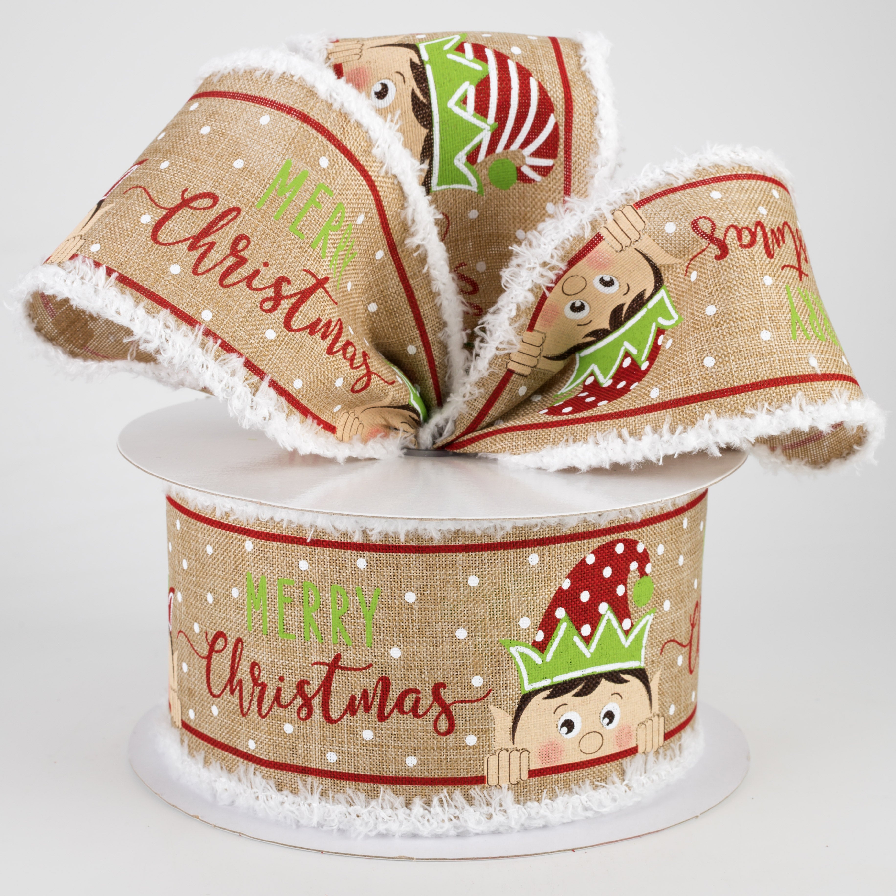 2.5" Peeking Elf Fuzzy Edge Ribbon: Light Beige (10 Yards) Lifestyle Photo