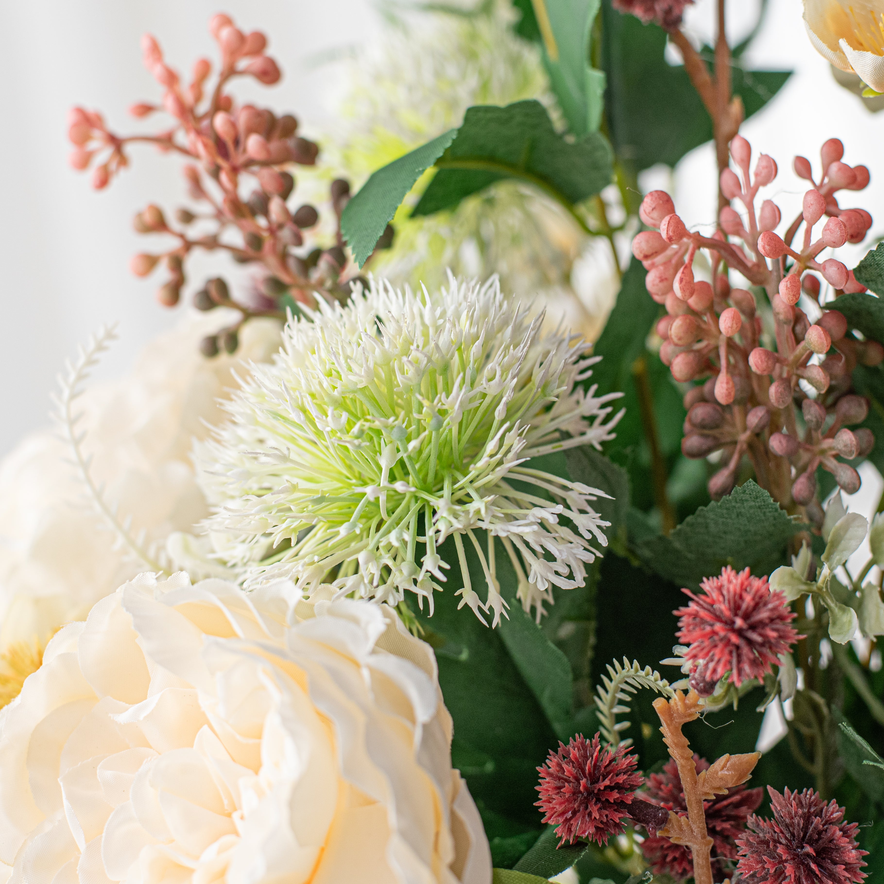 20" Peony & Globe Thistle Half Bush: Cream, Burgundy, White detail photo 5