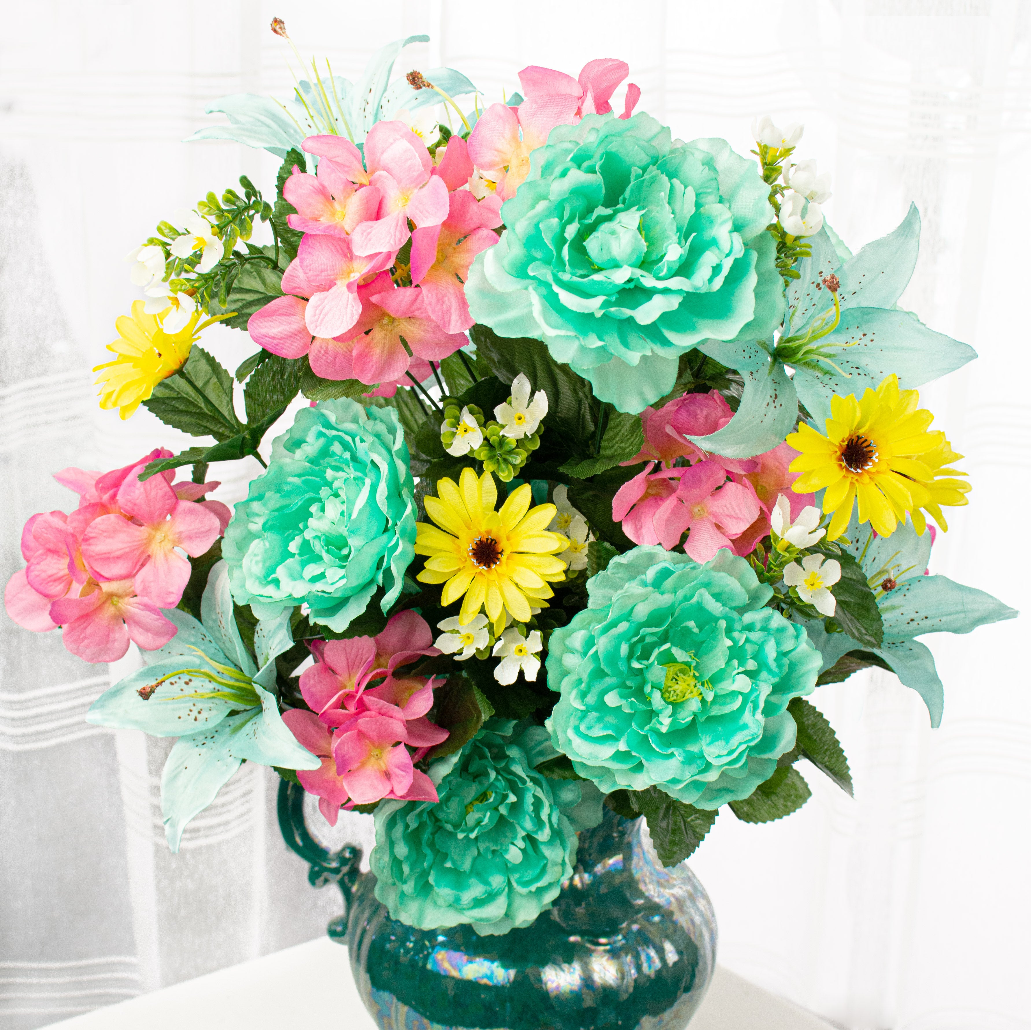 31" Peony Hydrangea Lily Bush: Aqua & Pink Item Number: 30596AQPK