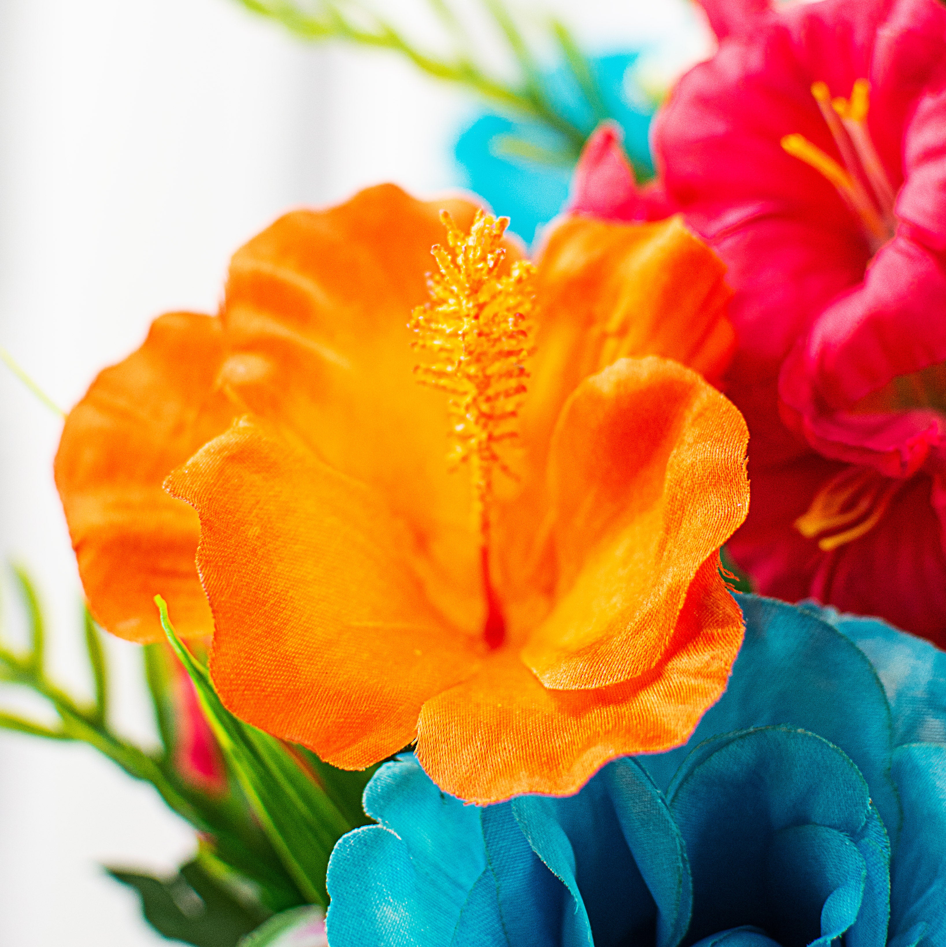 27" Peony, Rose Bud, Petunia, Hibiscus Bush: Aqua, Lime, Fuchsia detail photo 4