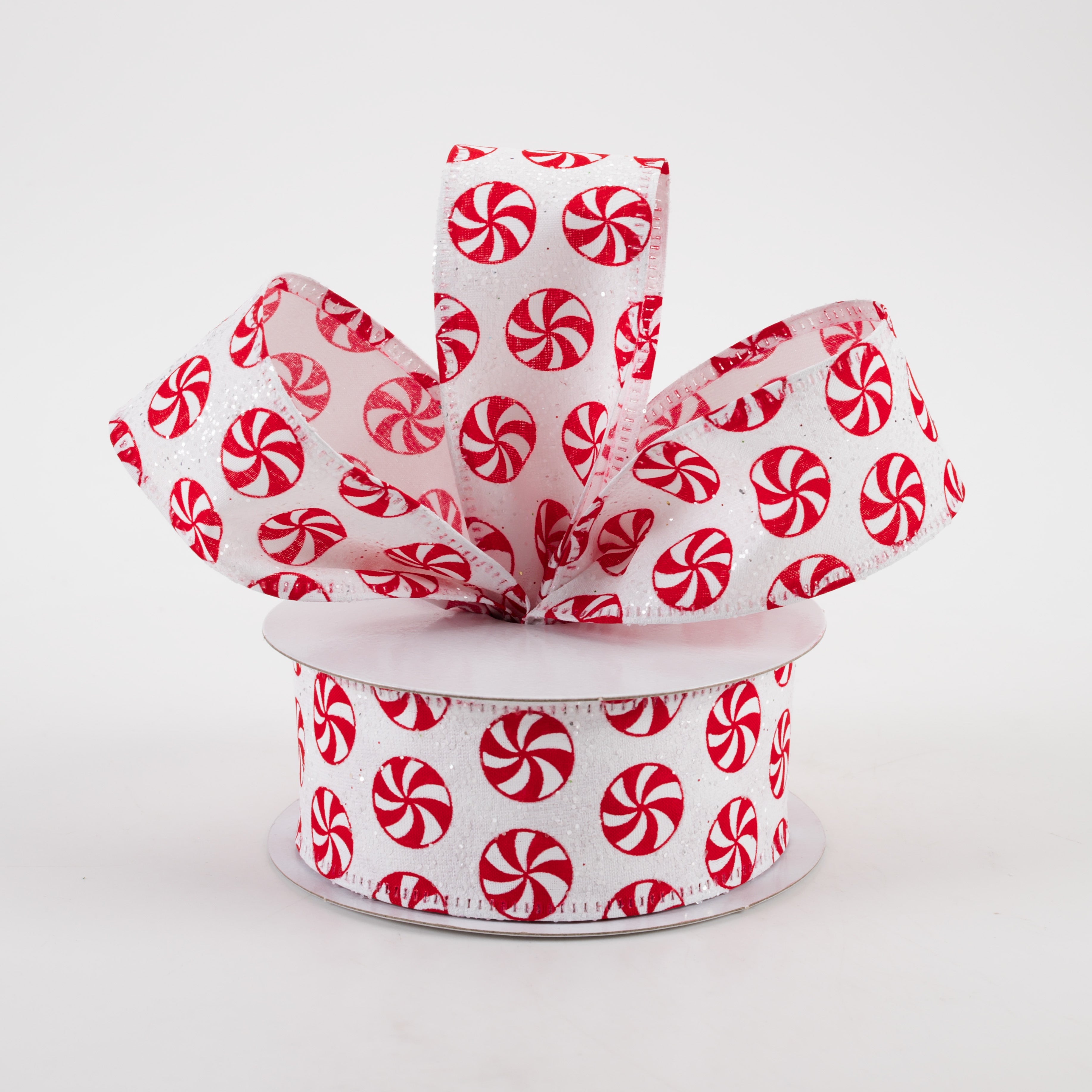 1.5" Peppermints White Glitter Satin Ribbon (10 Yards) Lifestyle Photo
