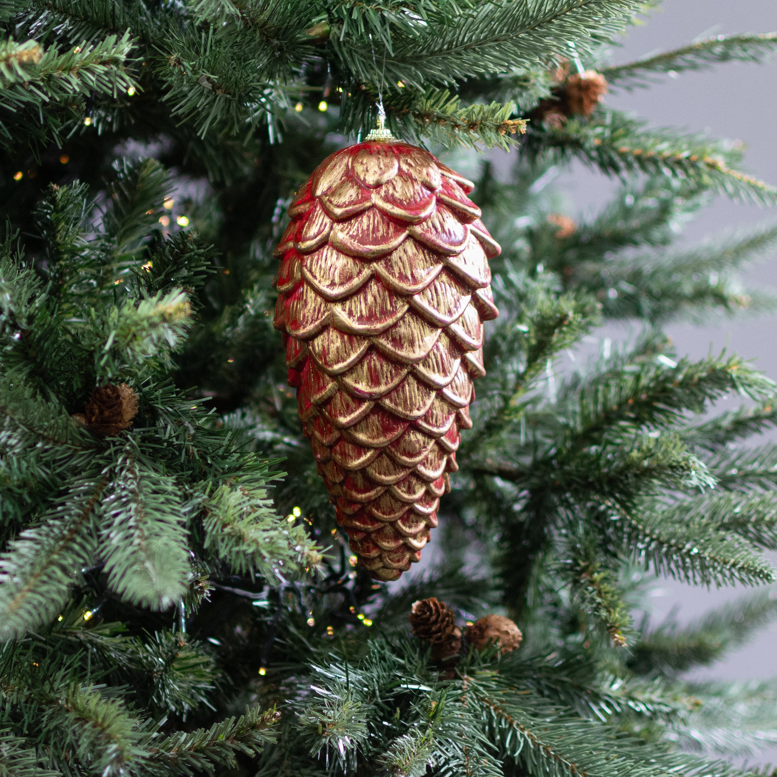 9" Pinecone Ornament: Dark Red & Gold Lifestyle Photo