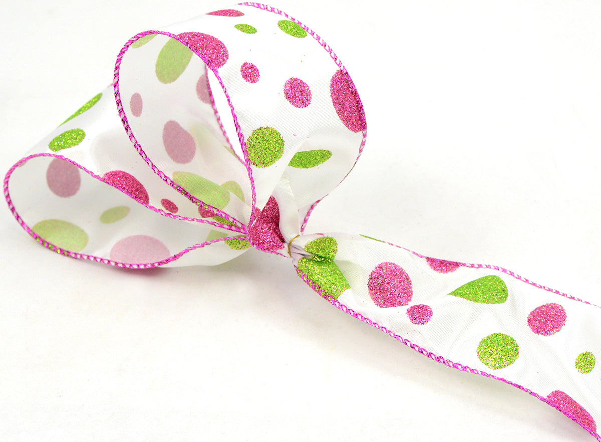 2.5" Pink & Lime Polka Dot Ribbon (10 Yards) detail photo 3