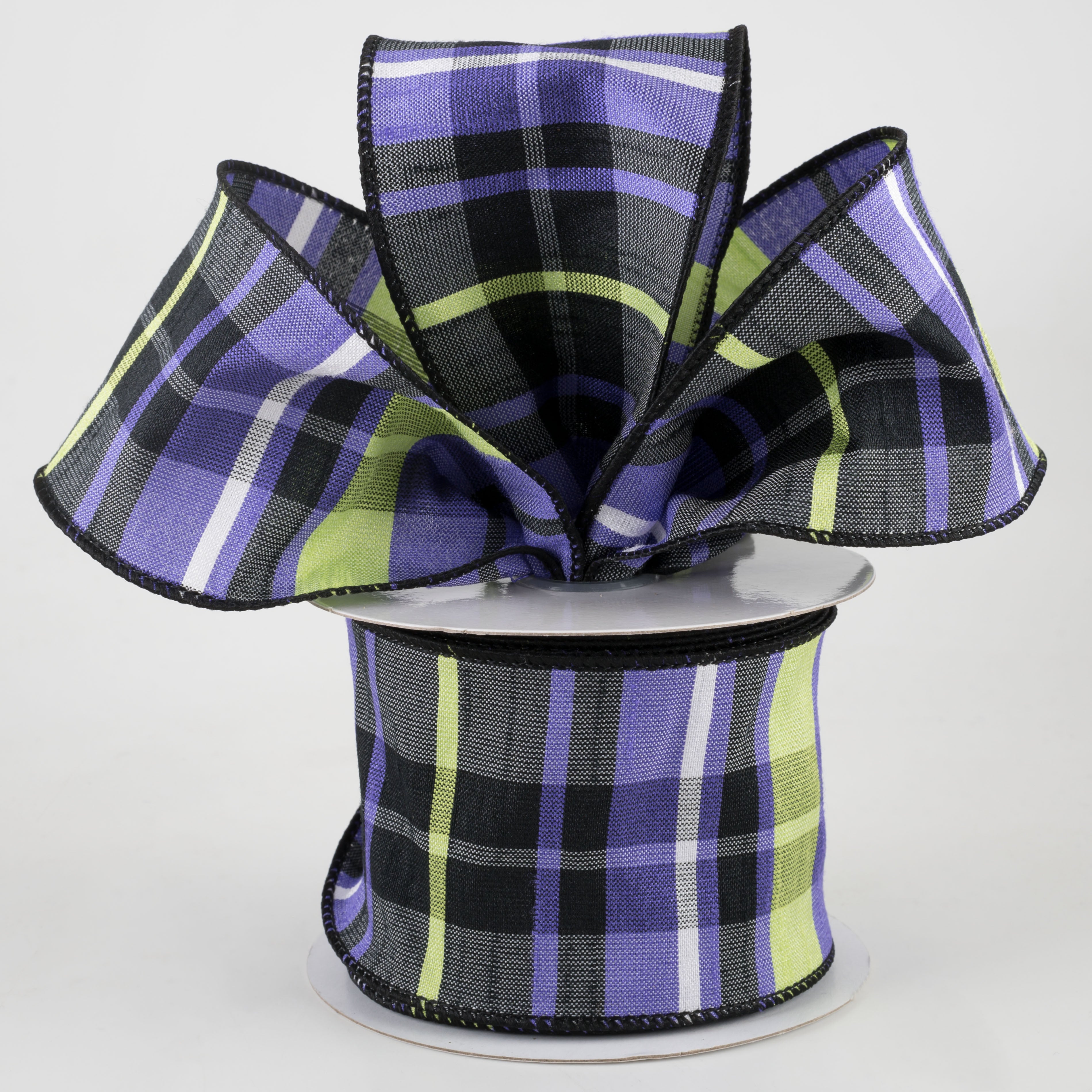 2.5" Plaid Faux Dupioni Ribbon: Black, Purple, Lime, White (10 Yards) Lifestyle Photo