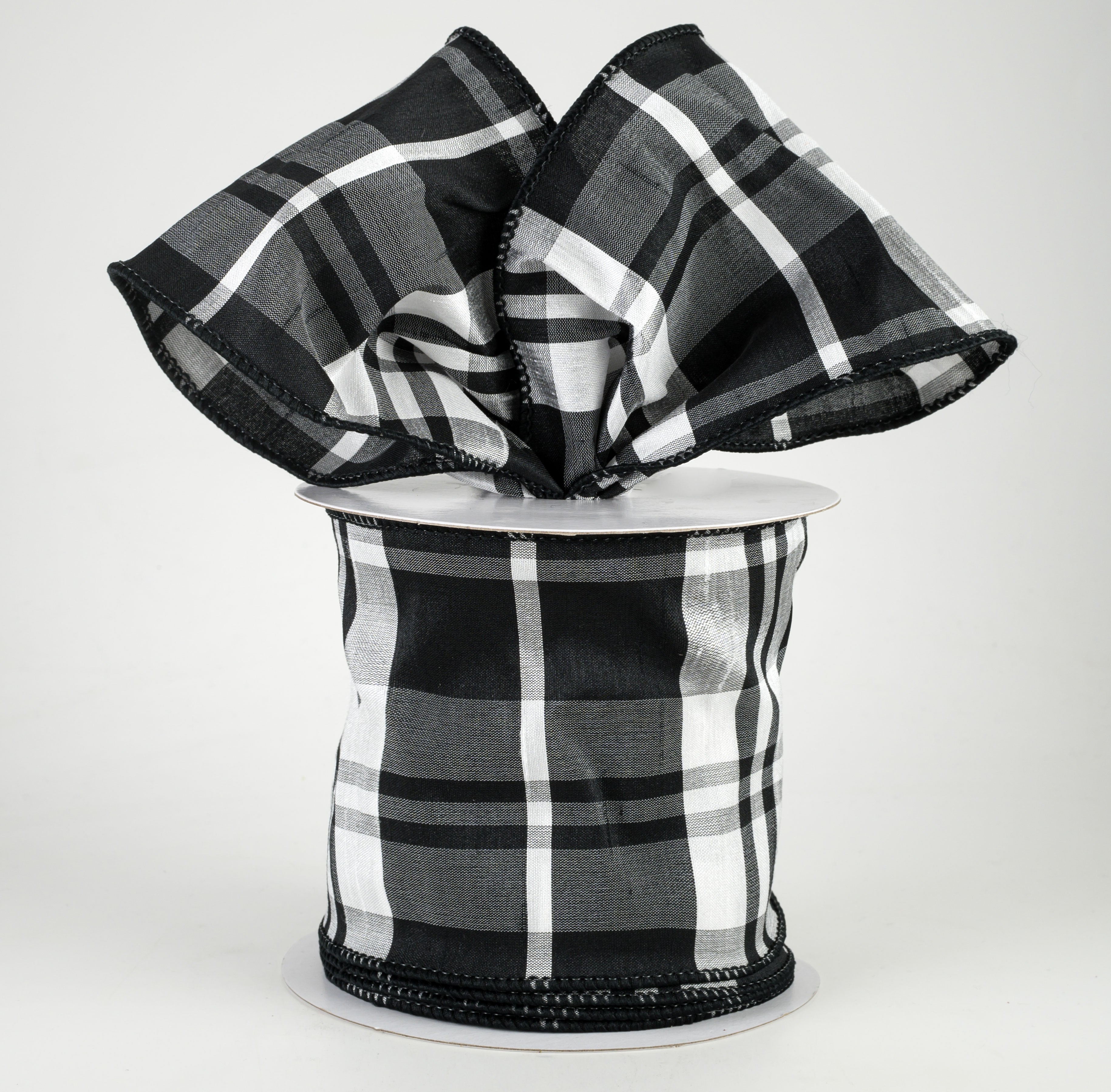 4" Plaid Faux Dupioni Ribbon: Black, White (10 Yards) Lifestyle Photo