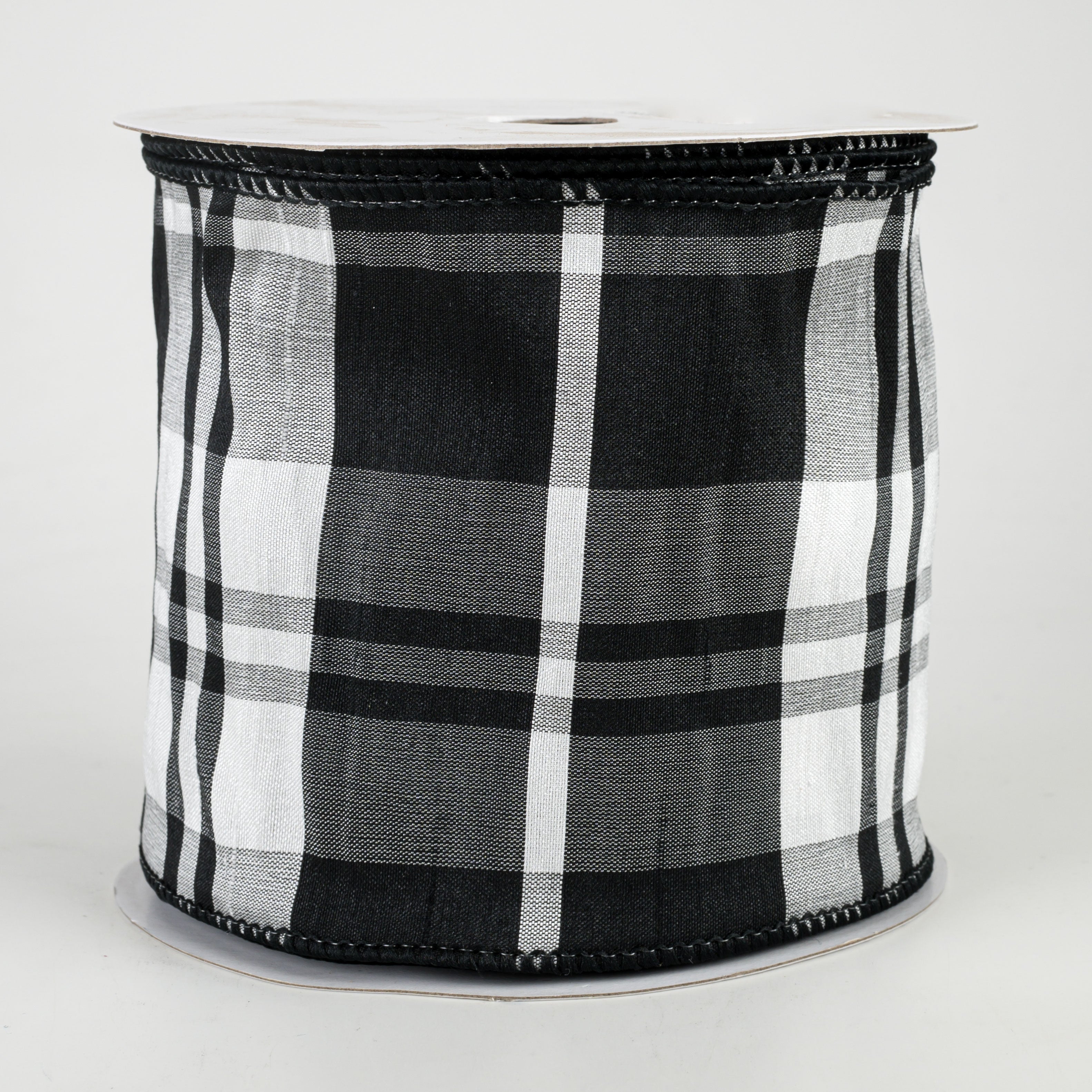 4" Plaid Faux Dupioni Ribbon: Black, White (10 Yards)