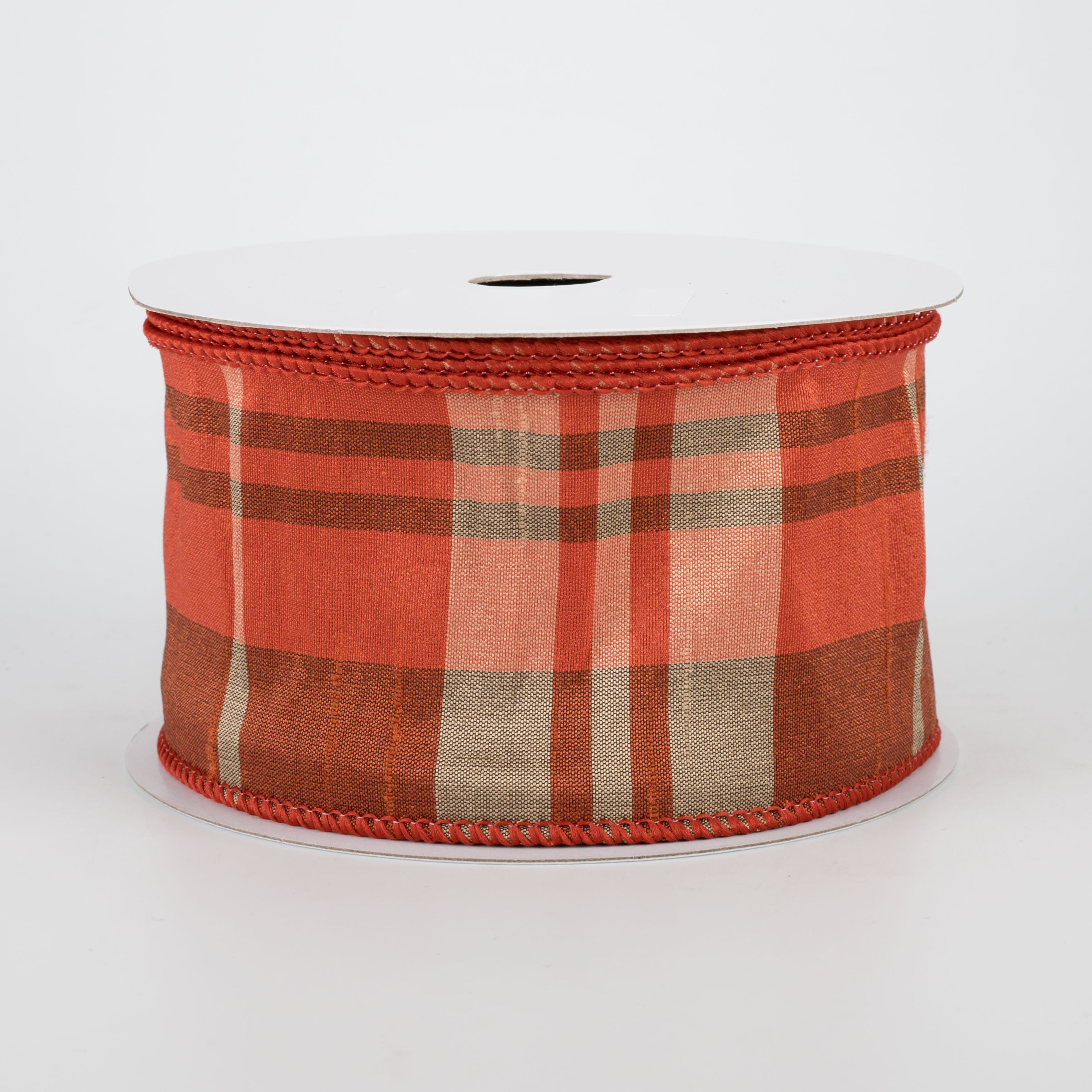 2.5" Plaid Faux Dupioni Ribbon: Orange & Beige (10 Yards)