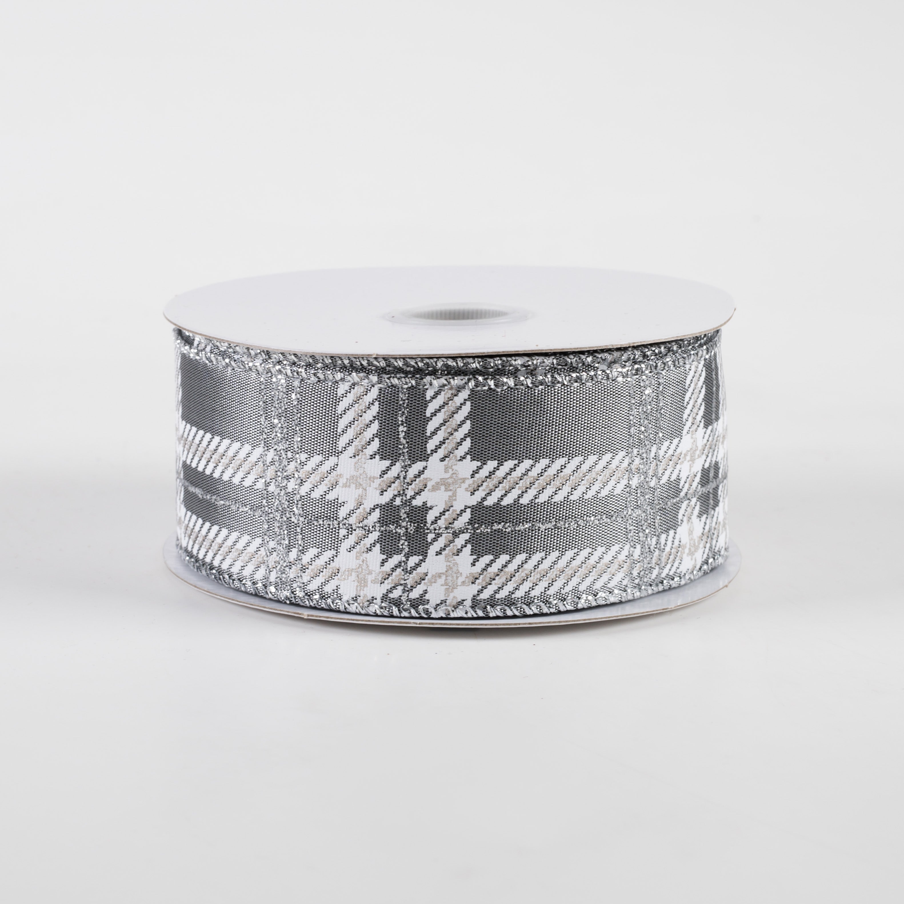 1.5" Plaid Print Ribbon: Grey Satin, White, Silver Glitter (10 Yards)