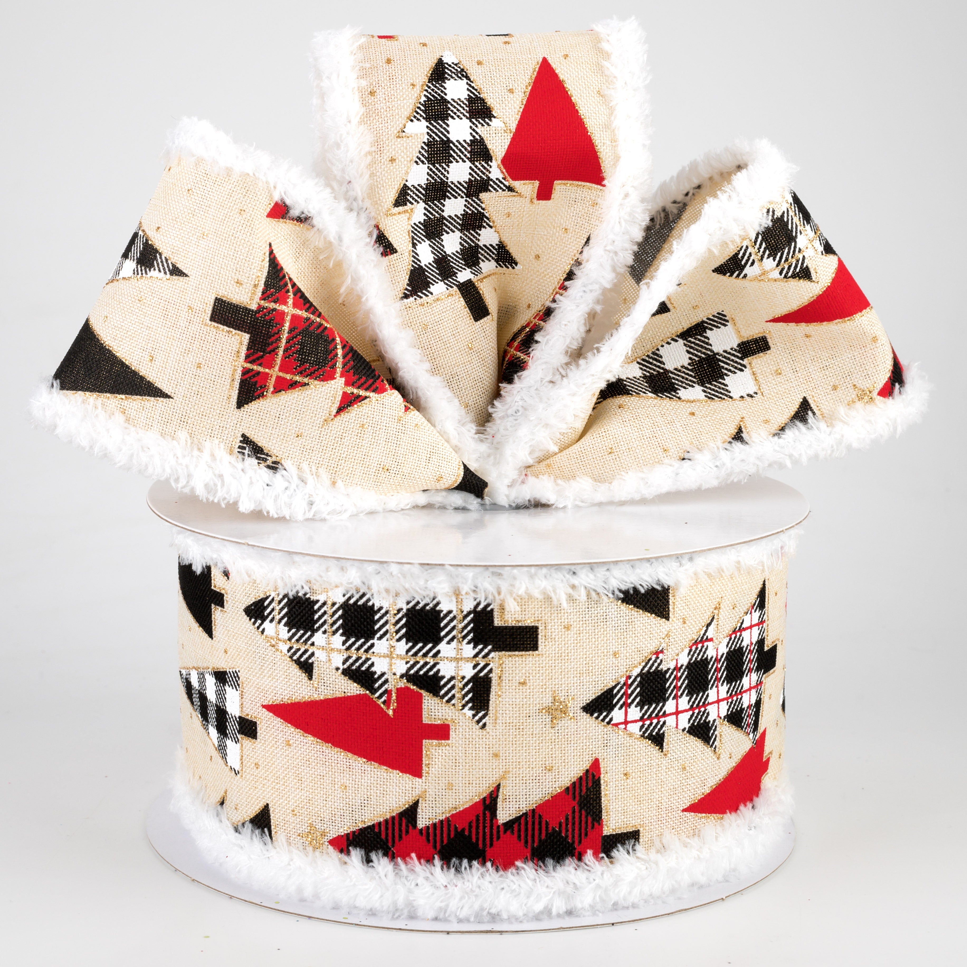 2.5" Plaid Trees Fuzzy Edge Ribbon: Cream (10 Yards) Lifestyle Photo