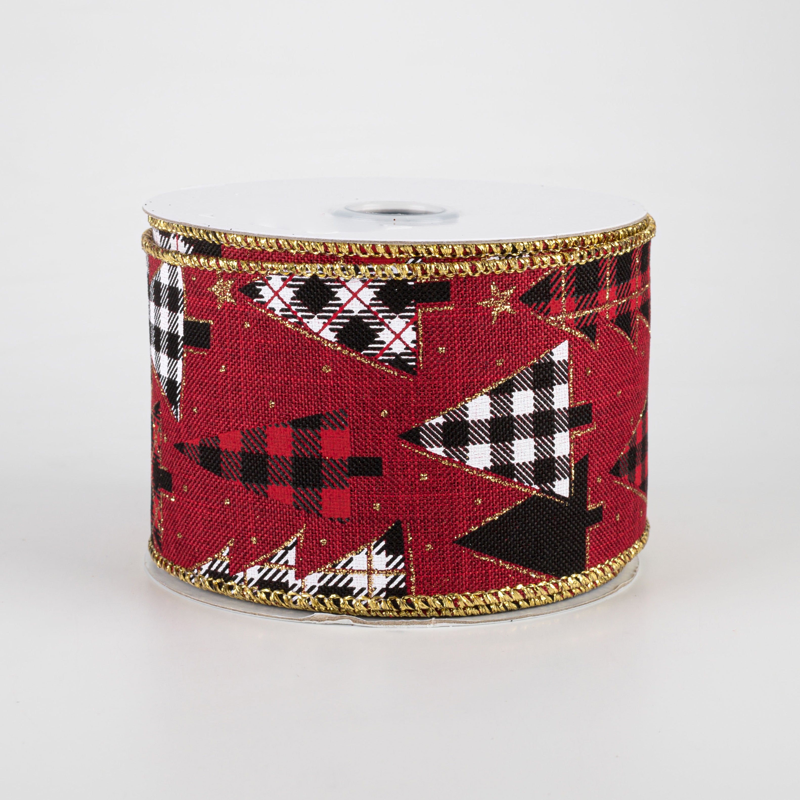2.5" Plaid Trees Ribbon: Burgundy, Red, Gold (10 Yards)