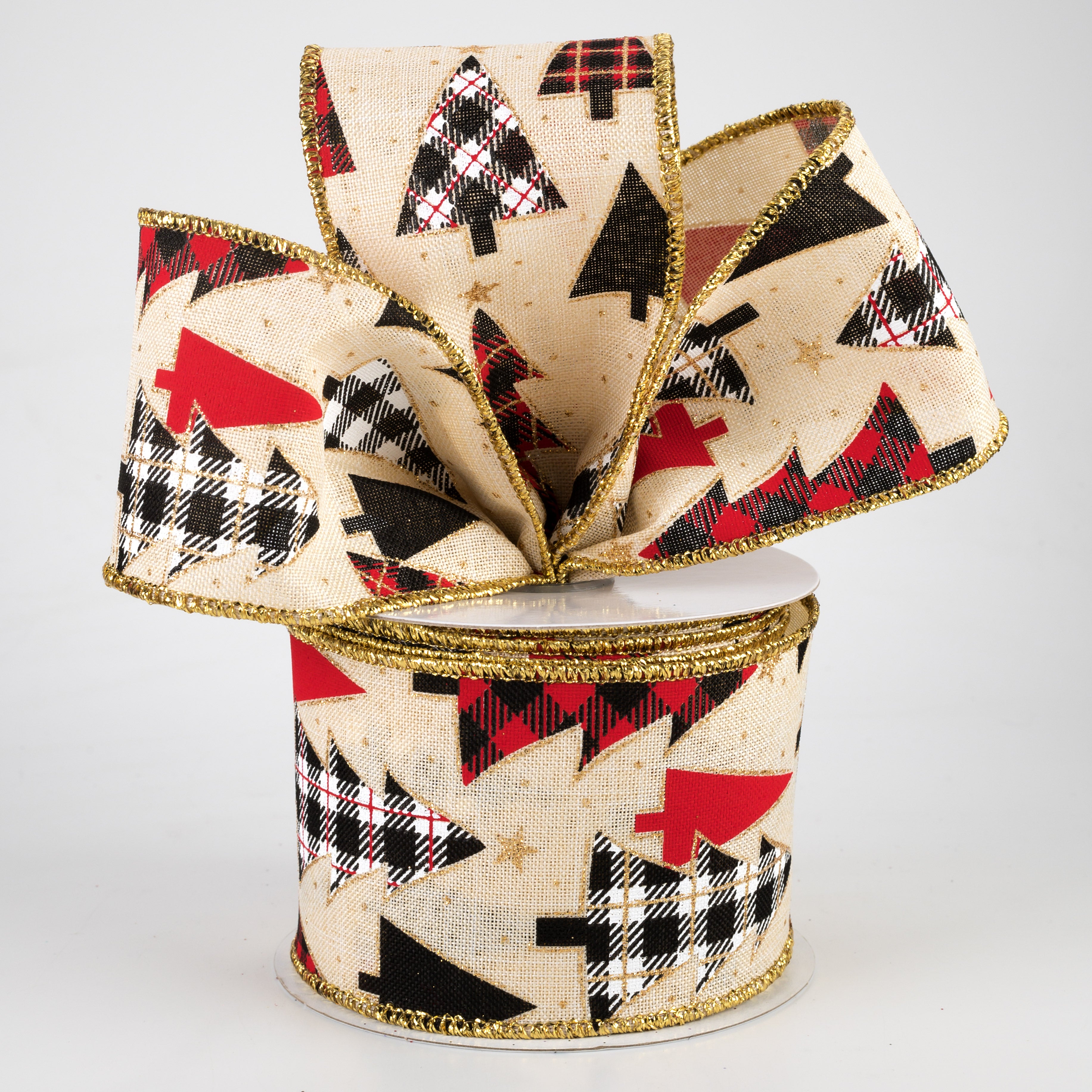 2.5" Plaid Trees Ribbon: Cream, Red, Gold (10 Yards) Lifestyle Photo