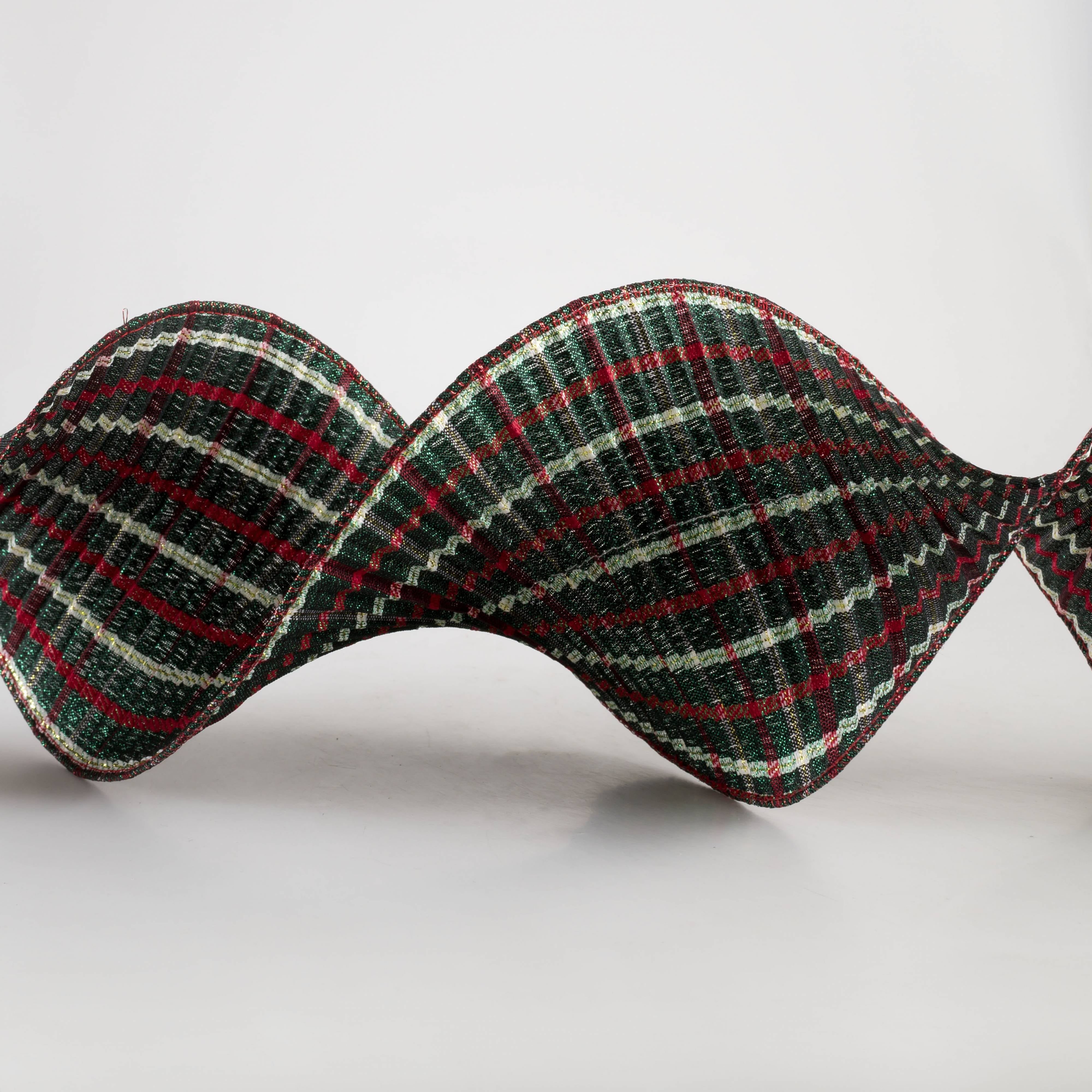 5" Pleated Plaid Ribbon: Emerald, Red & White (5 Yards) detail photo 3