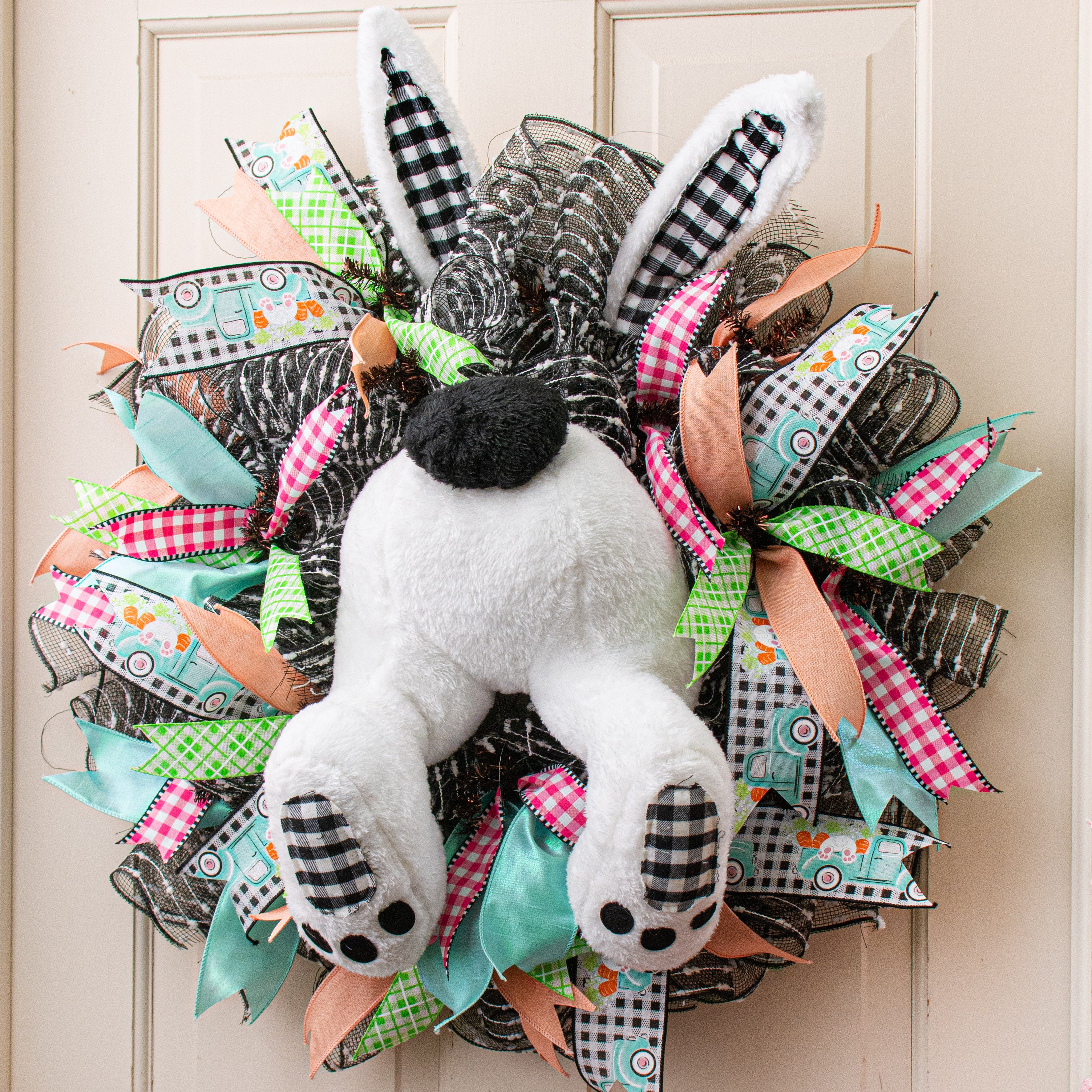 Plush Black Check Bunny Wreath Accent Lifestyle Photo