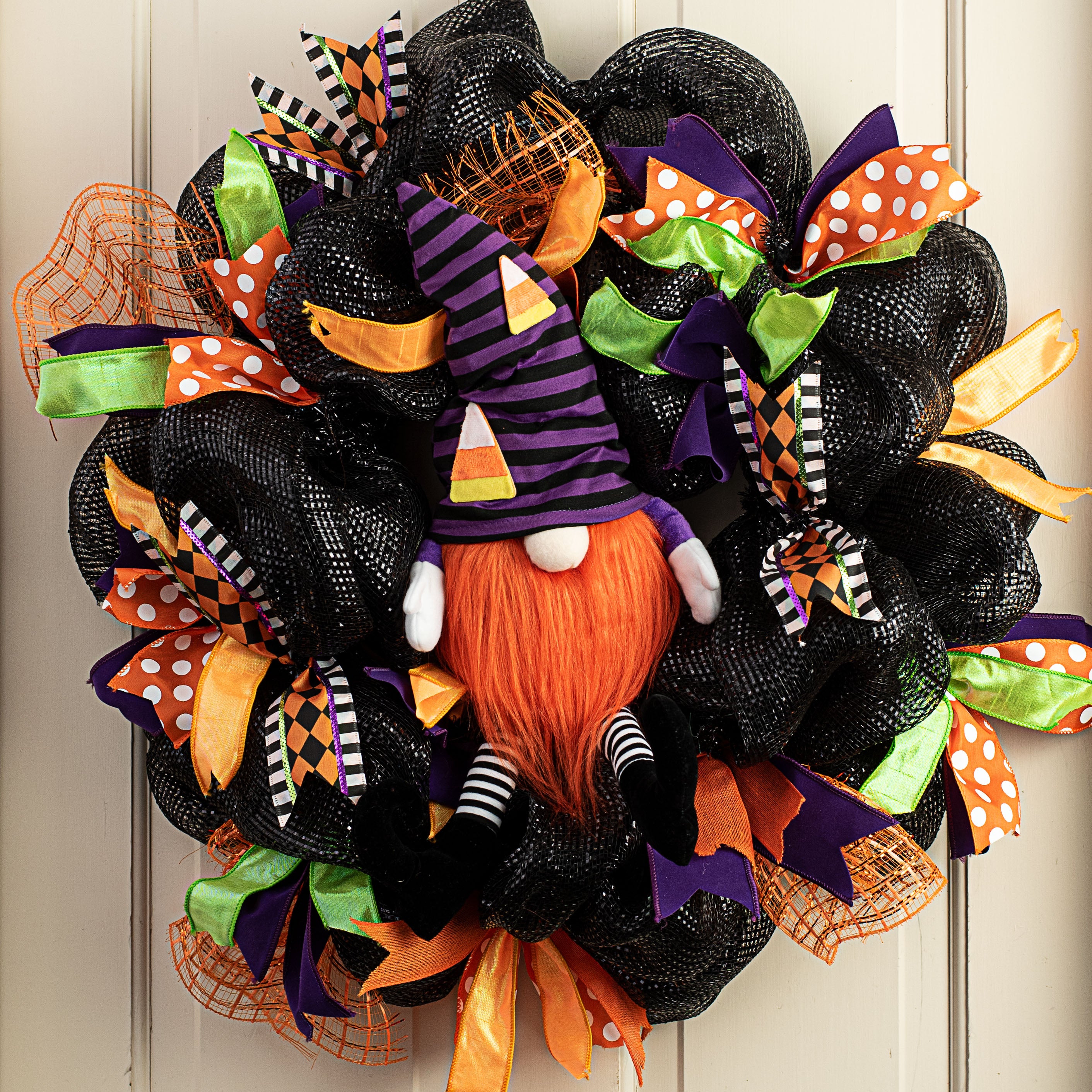 22" Plush Candy Corn Gnome: Purple & Black Stripe Lifestyle Photo