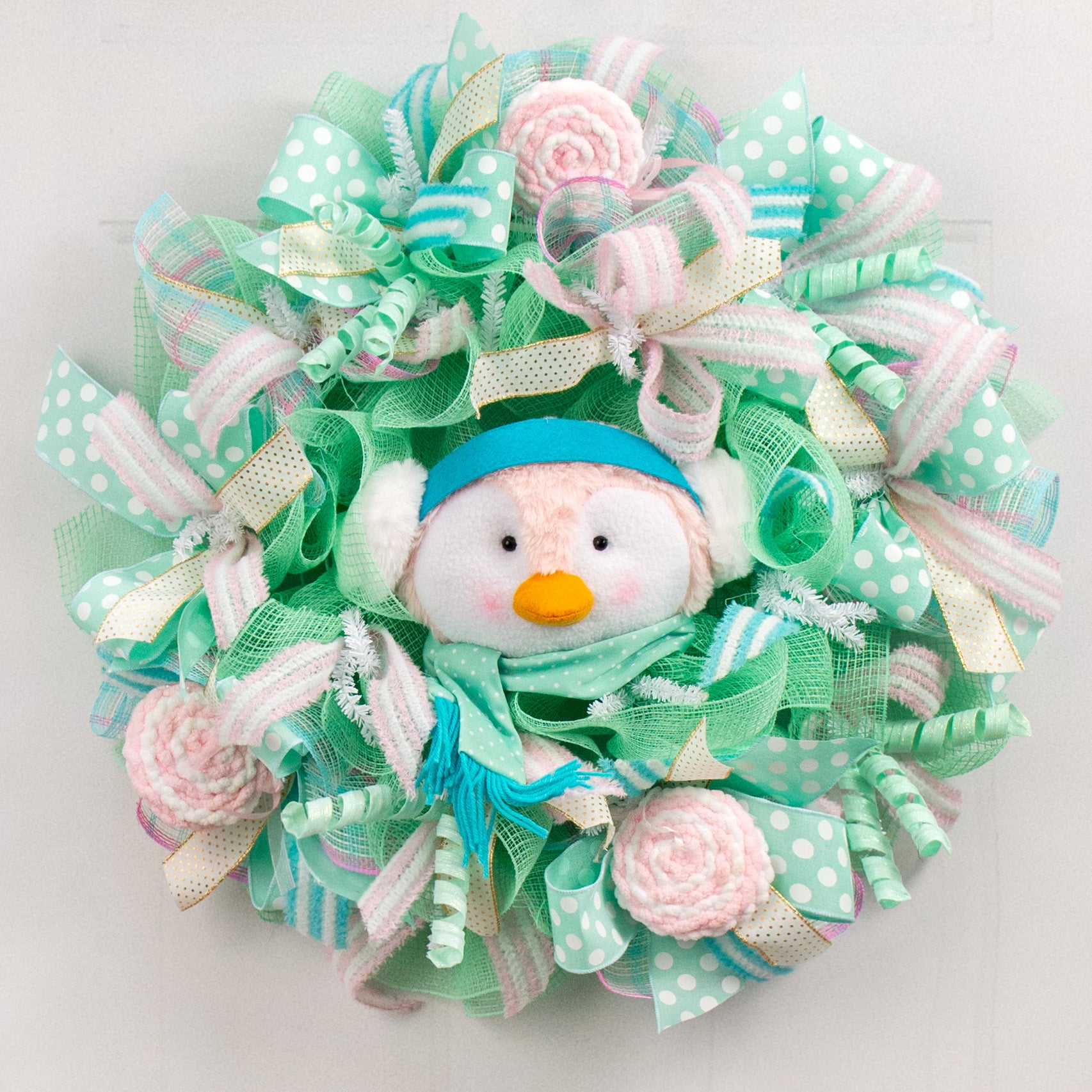 11" Plush Penguin Head Wreath Accent: Mint Green Lifestyle Photo