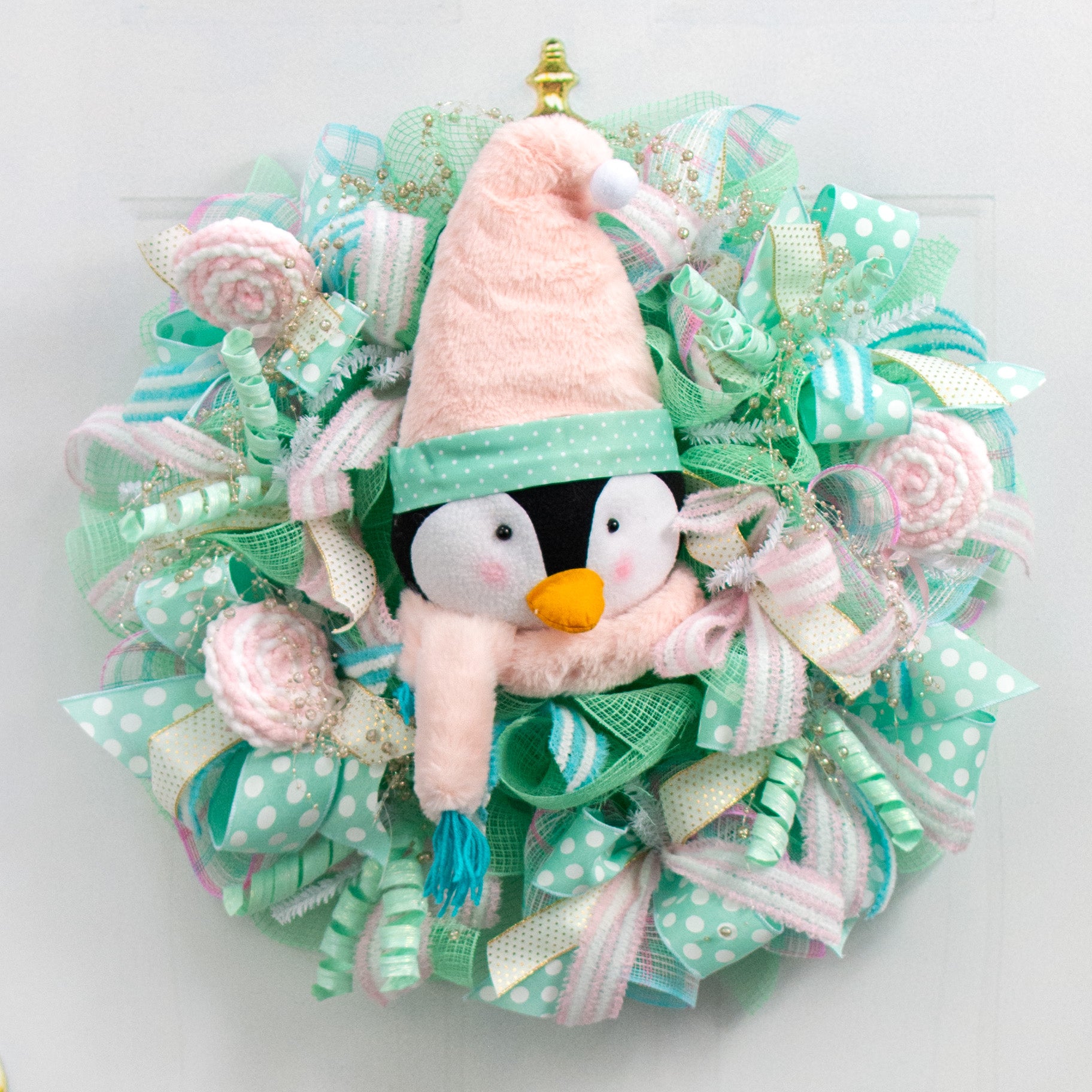 20" Plush Penguin Head Wreath Accent: Mint Green & Pink Lifestyle Photo
