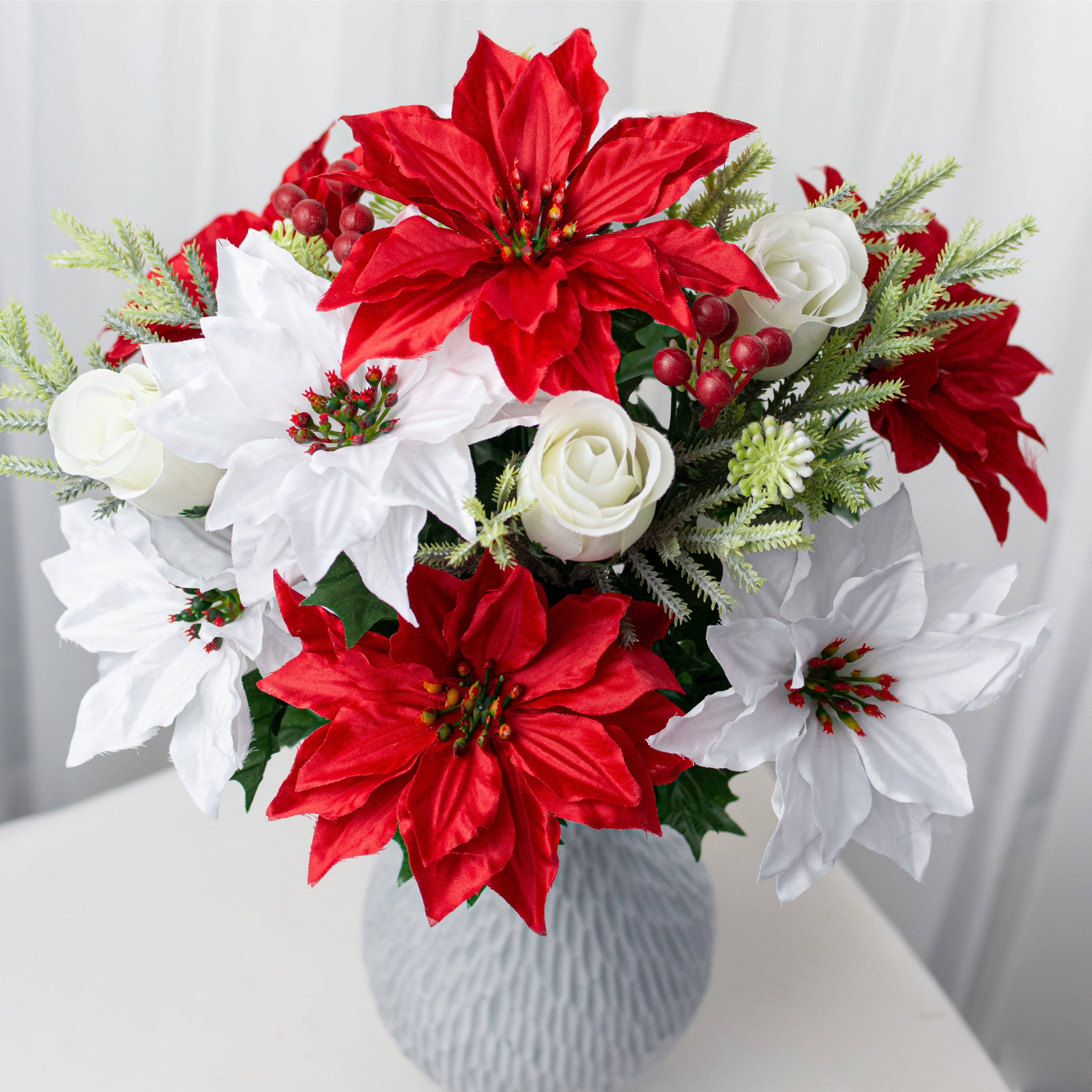 21" Poinsettias, Roses & Berries Bush (14 Stem) Item Number: 86024RDWT
