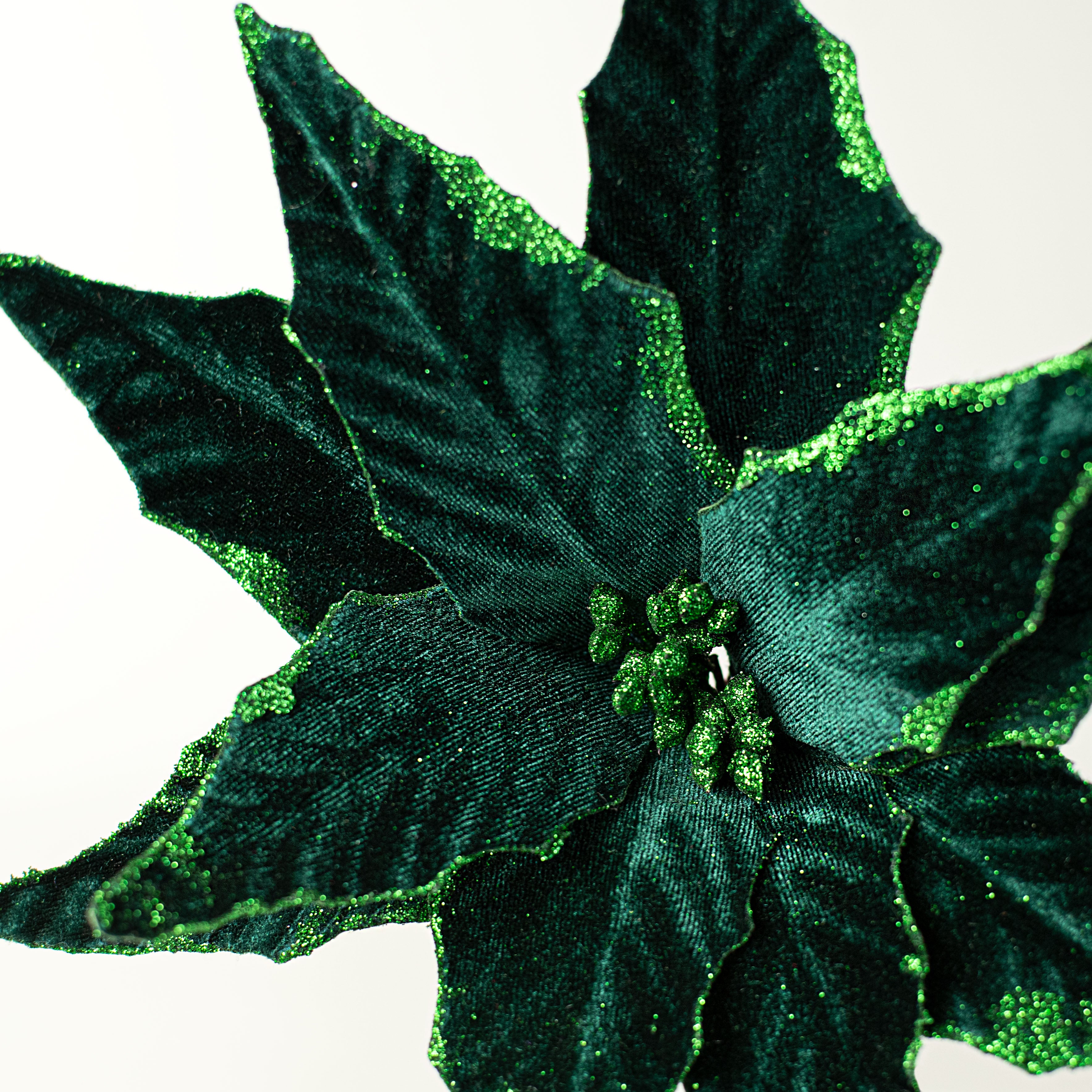 15" Pointy Velvet Poinsettia Pick: Dark Green Lifestyle Photo