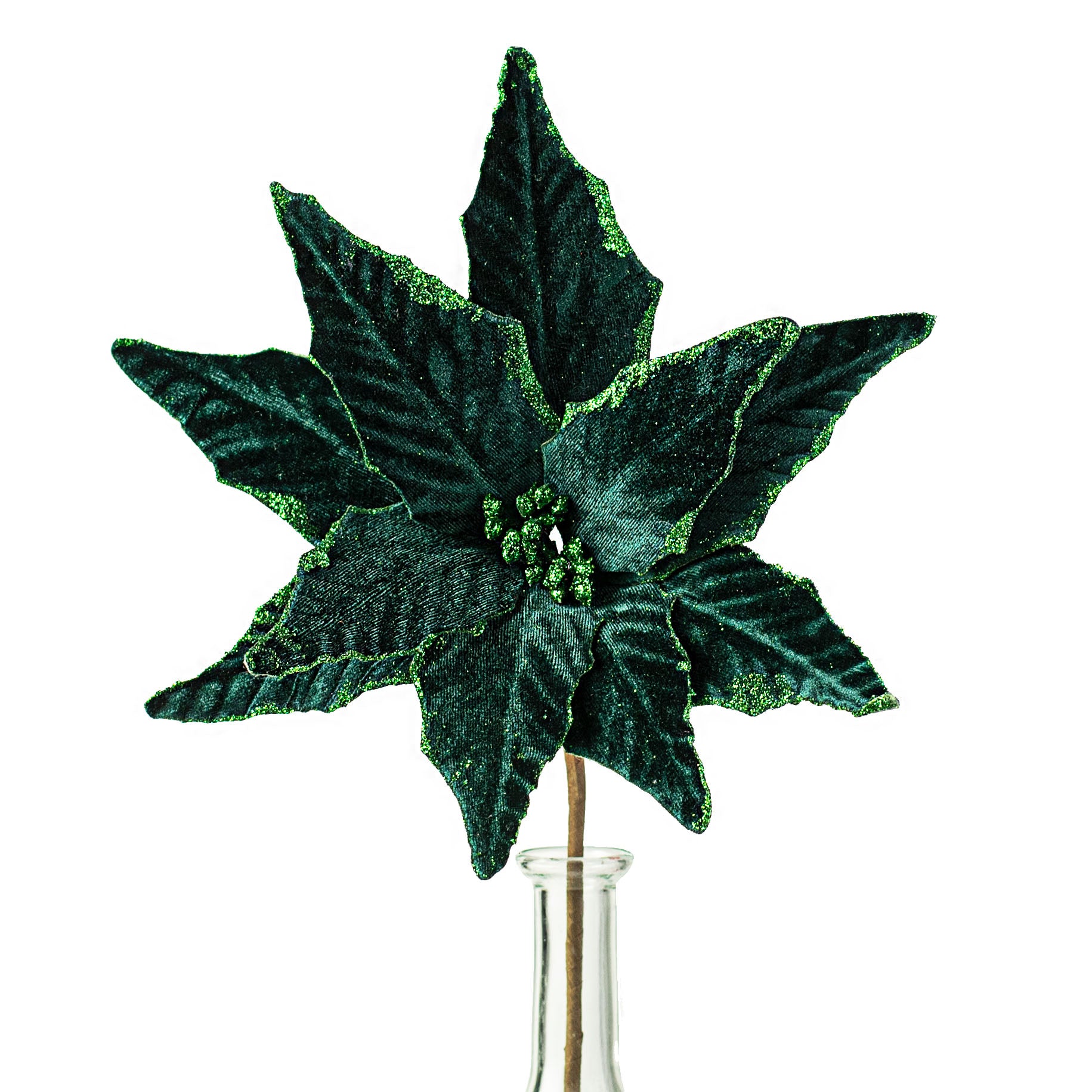 15" Pointy Velvet Poinsettia Pick: Dark Green Item Number: 85517DKGN