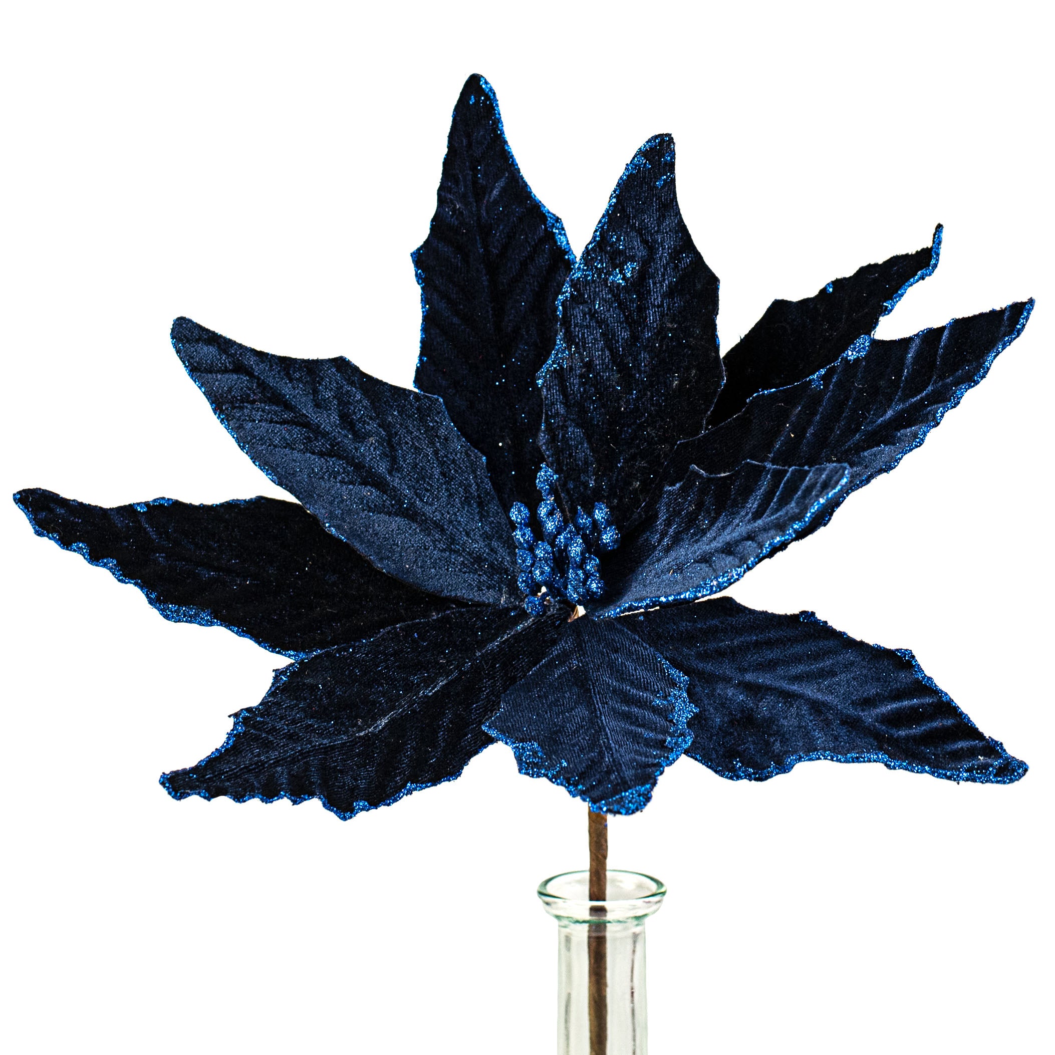 15" Pointy Velvet Poinsettia Pick: Navy Blue Item Number: 85517NVBL