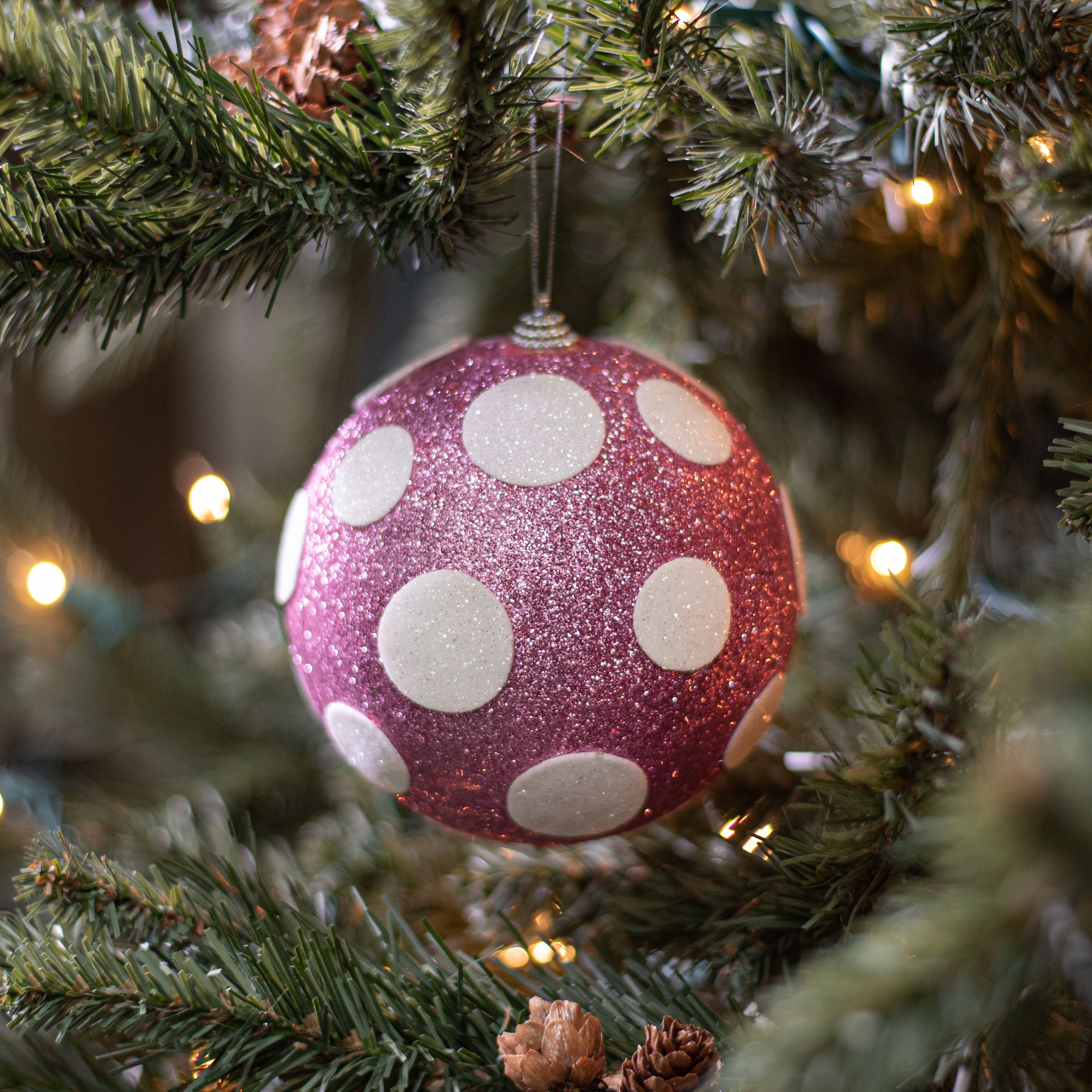 5" Polka Dot Ball Ornament: Pink & White Lifestyle Photo
