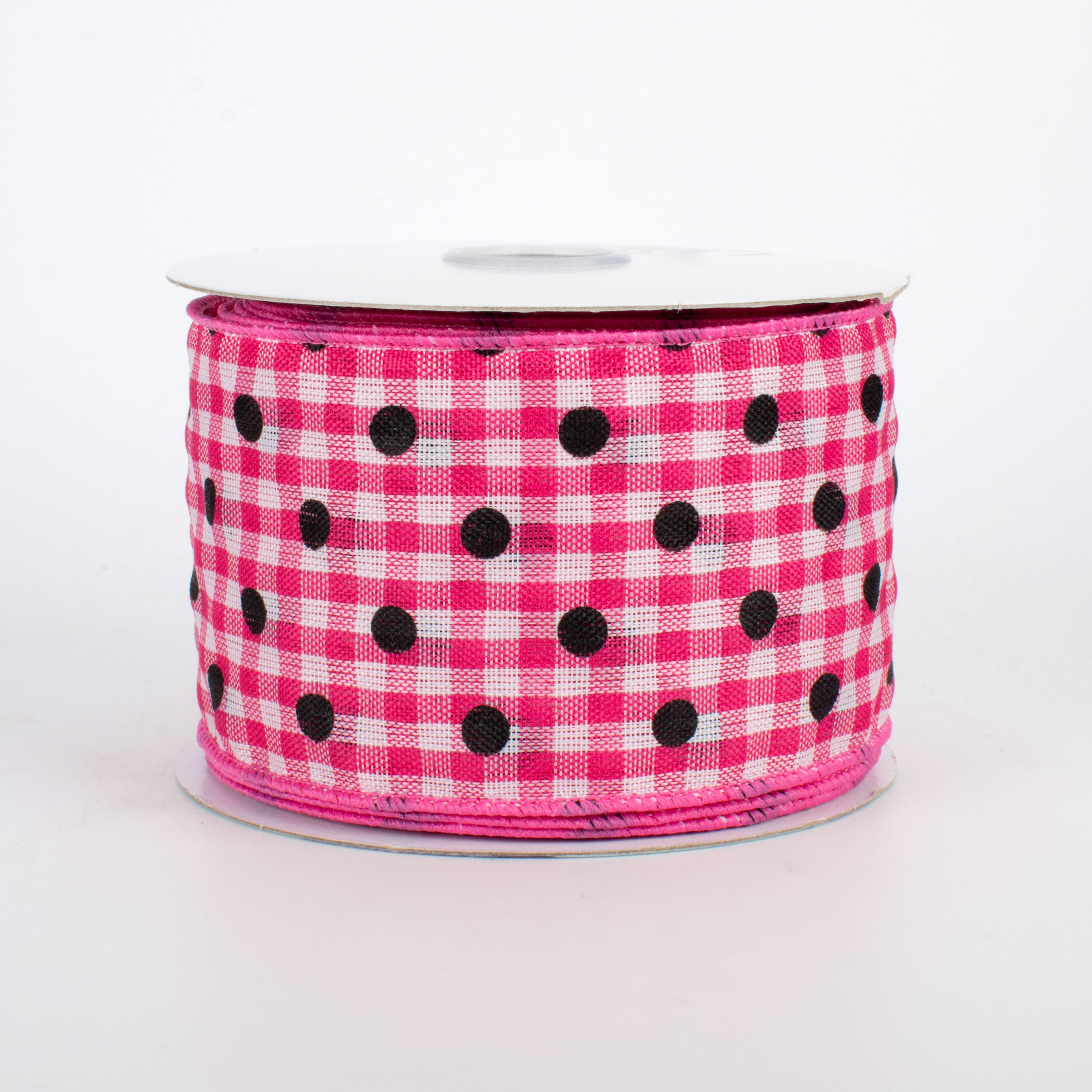 2.5" Polka Dot Gingham Ribbon: Black, Dark Pink, White (10 Yards)
